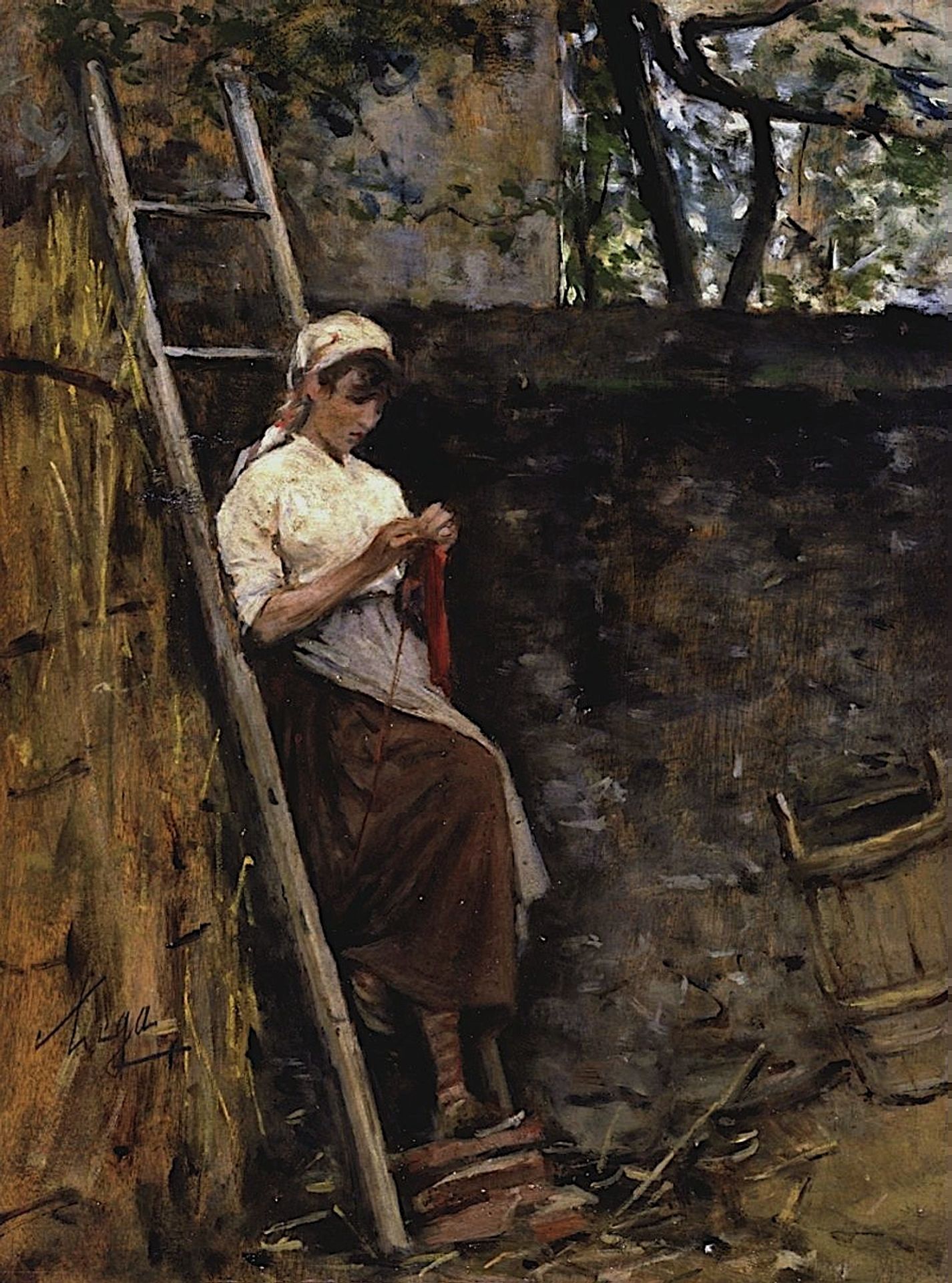 Country girl leaning against a ladder by Silvestro Lega