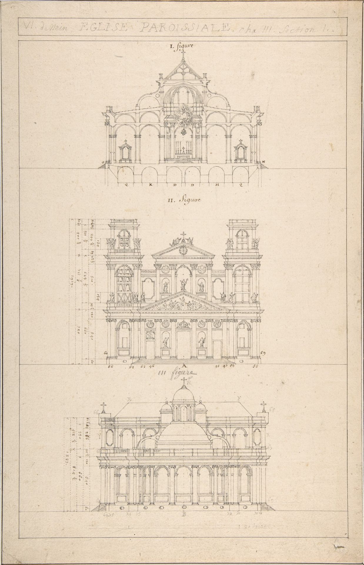 Drawing of Interior, Façade, and Rear of Church by Jacques Germain Soufflot