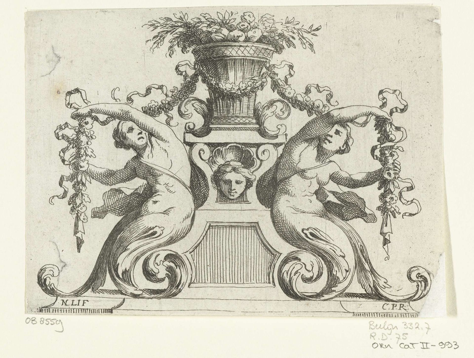 Twee sirenes naast mand met bloemen by Nicolas Pierre Loir
