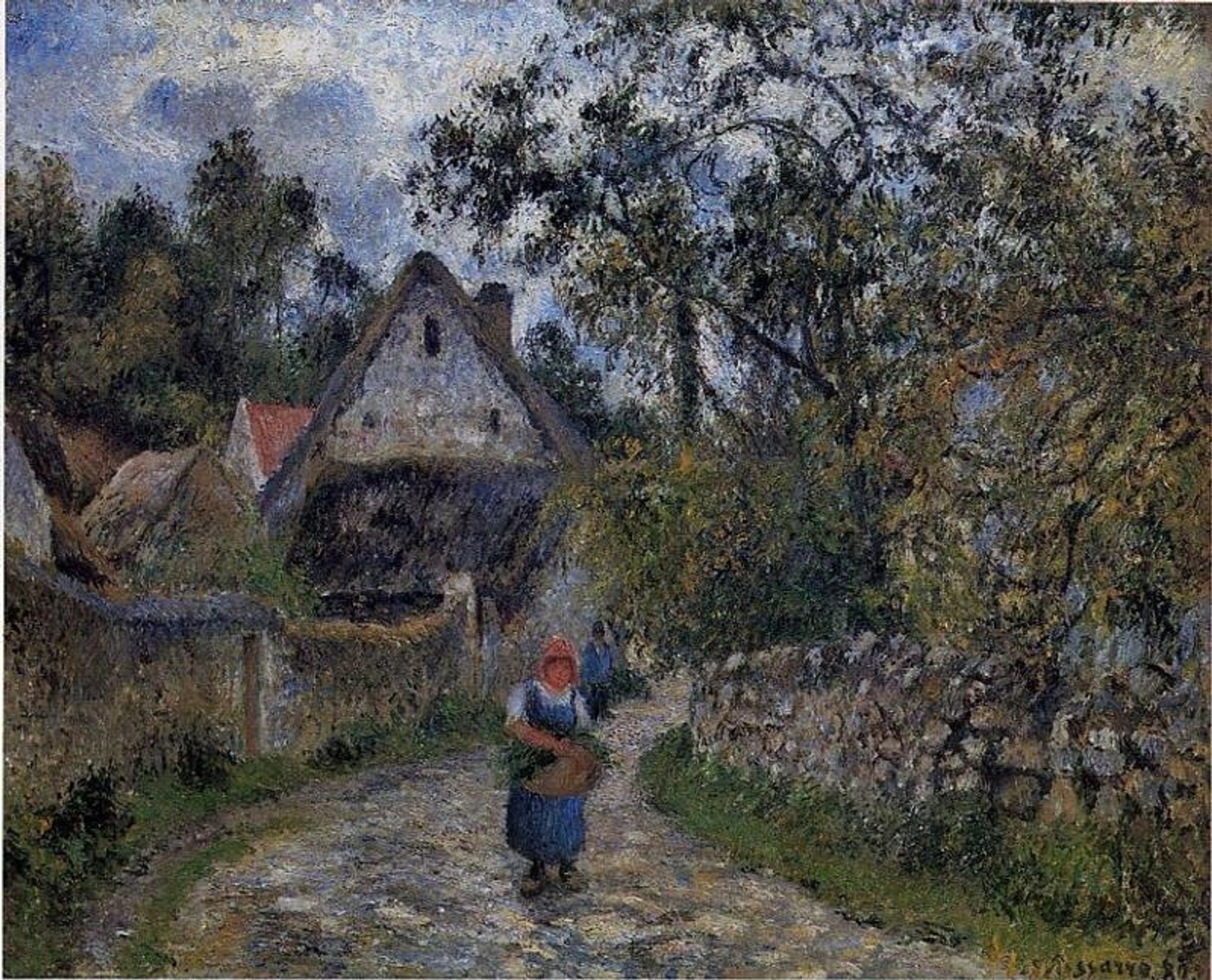 The village path - thatched cottages in Valhermeil by Camille Pissarro