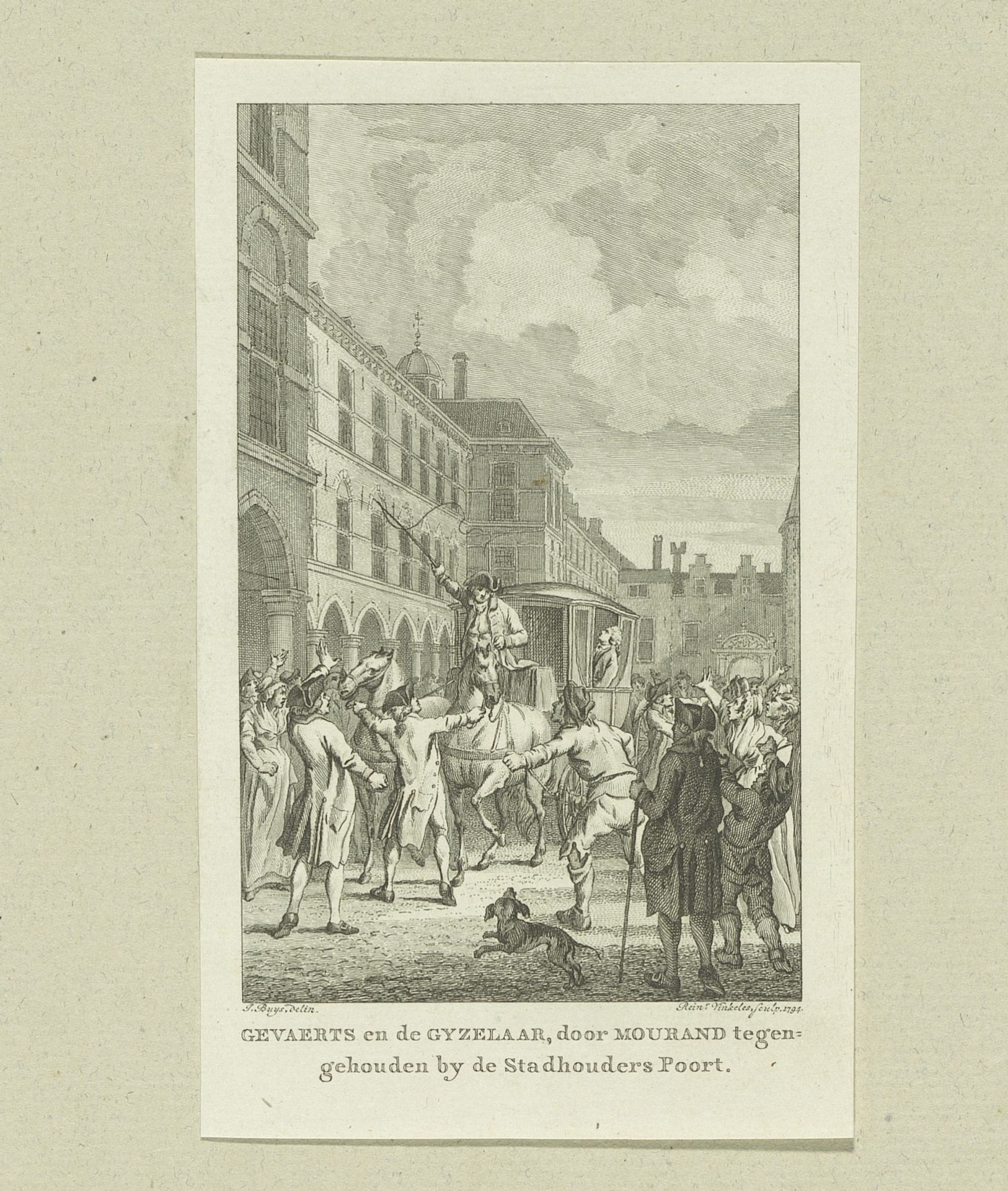 Rijtuig met de gedeputeerden van Dordrecht tegengehouden bij de Stadhouderspoort, 1786 by Reinier Vinkeles
