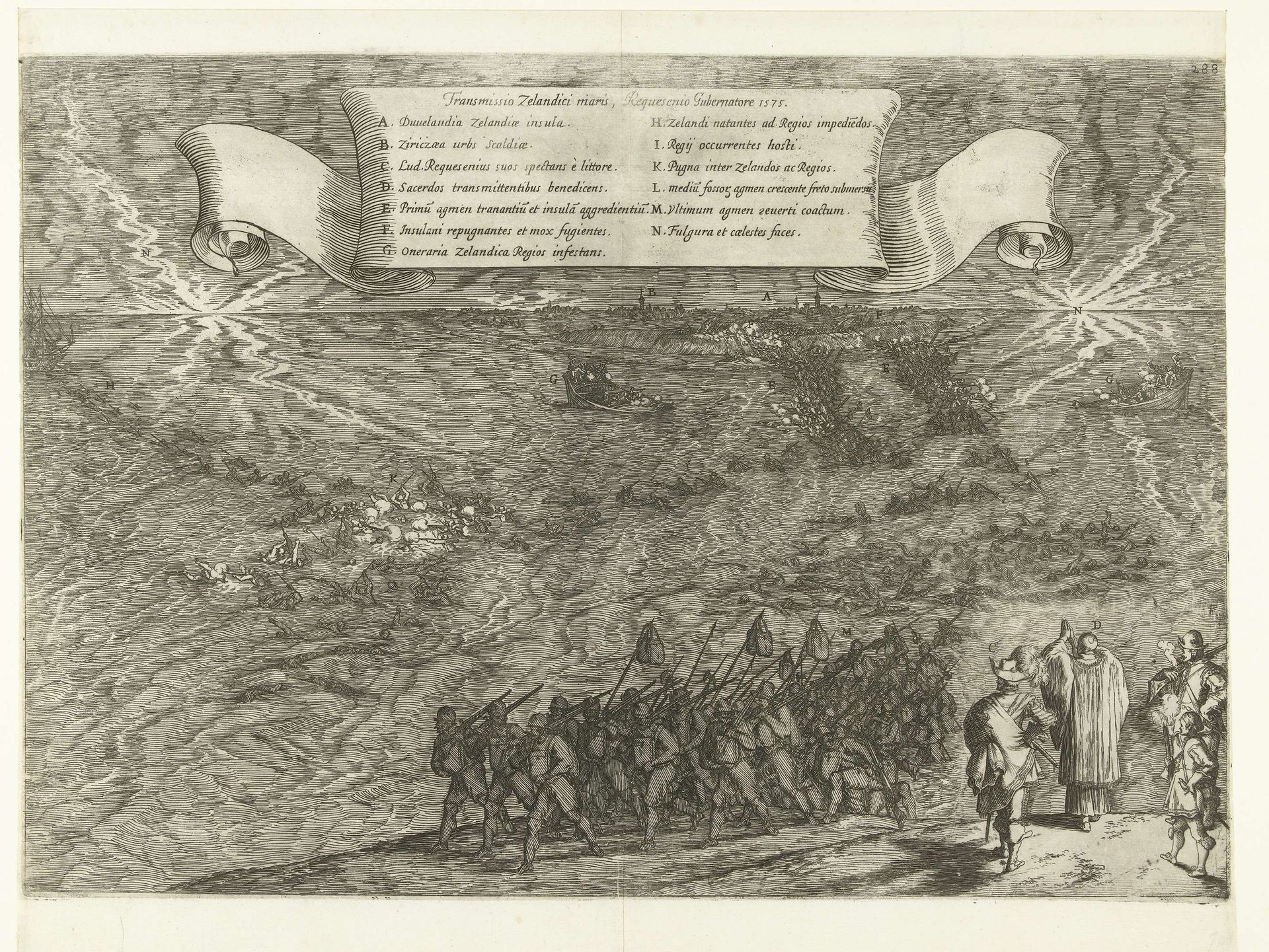 Nachtelijk tocht van Spaanse soldaten door het water naar Duiveland, 1575 by Johann Wilhelm Baur