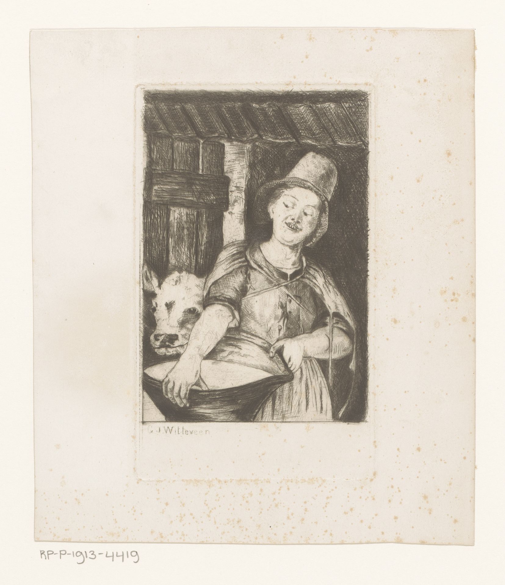 Melkmeisje in koeienstal by G.J. Witteveen
