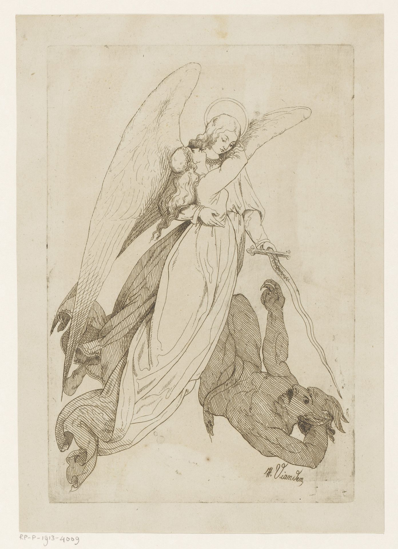 Engel tilt een vrouwelijke heilige en verslaat een demon by Heinrich Vianden