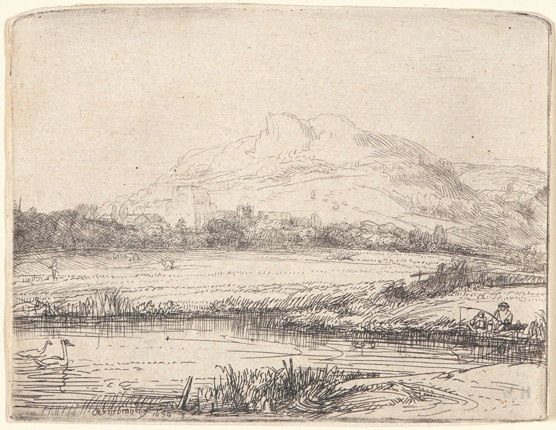 Canal with an Angler and Two Swans by Rembrandt van Rijn