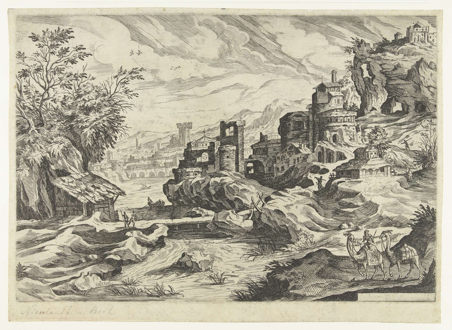 Rotskust met stad en man met twee kamelen of dromedarissen by Paul Bril