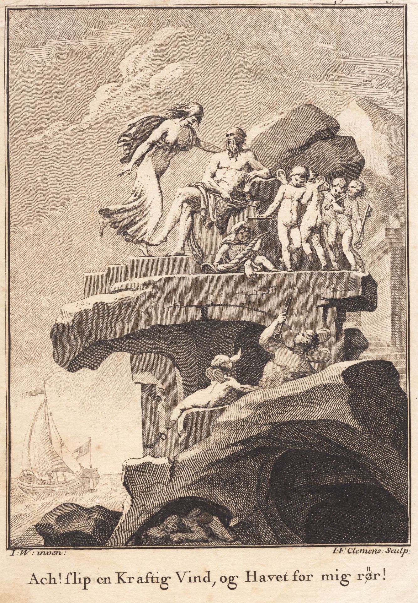 Avind hos Æolus, der sidder på toppen af en klippe by J.F. Clemens
