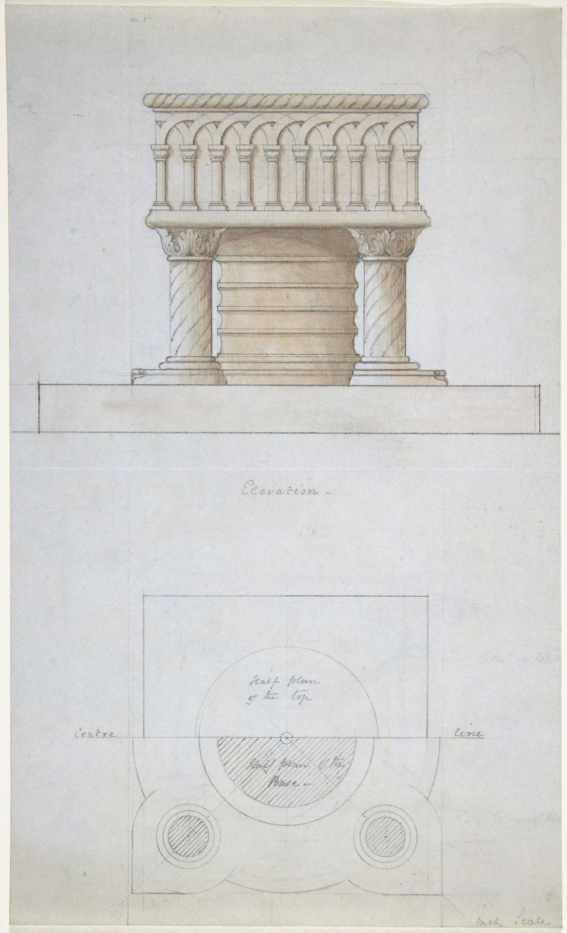 One Font and Plan (recto); Two Romanesque Style Fonts (verso) by Anonymous