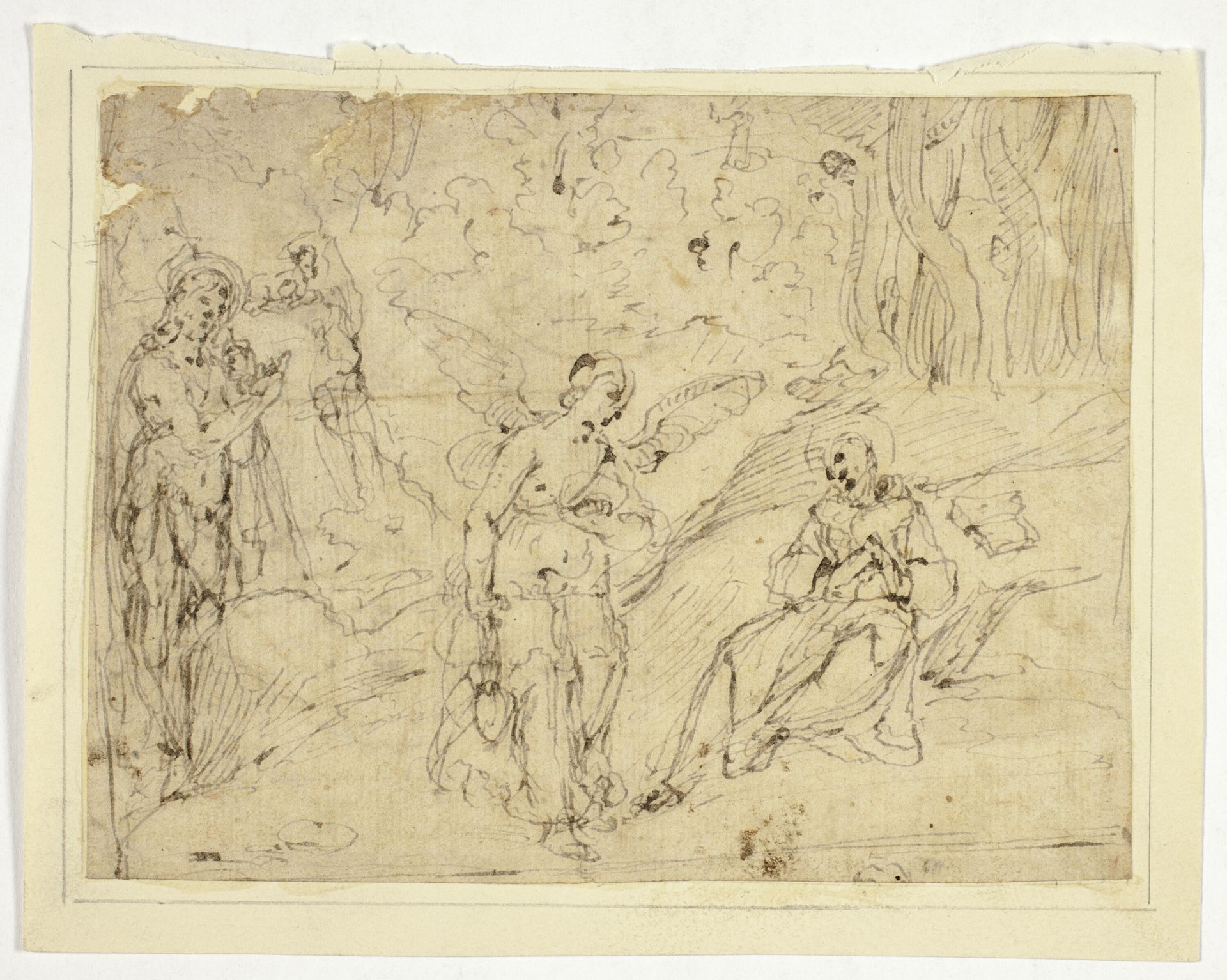Angel Appearing to Saint Francis of Assisi, with Saint John the Baptist in the Background (recto); Saint Francis Supported by Two Angels, with Sketch of Upper Portion of Monk's Habit by Anonymous