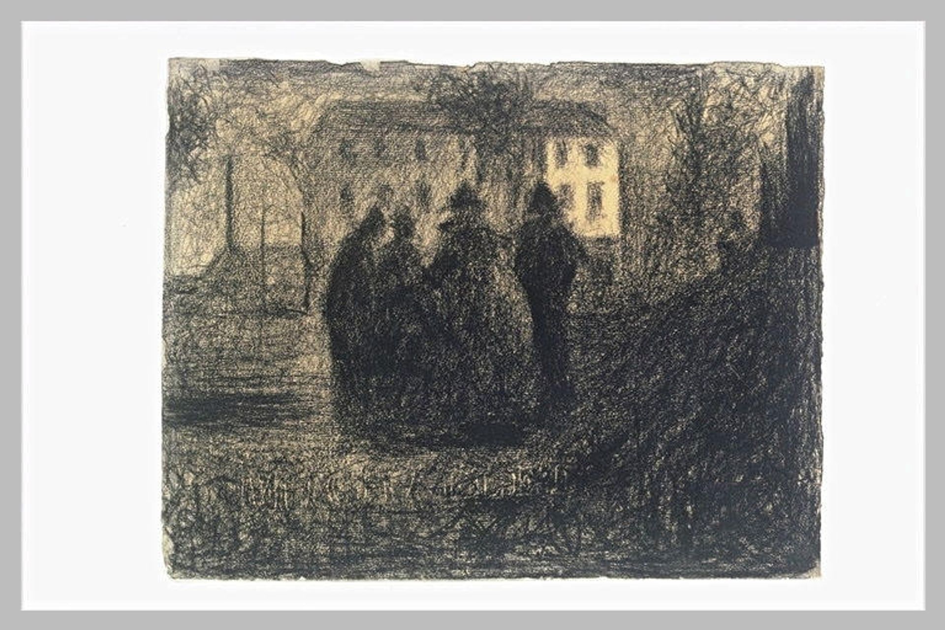 Group of figures in front of a house and some trees by Georges Seurat