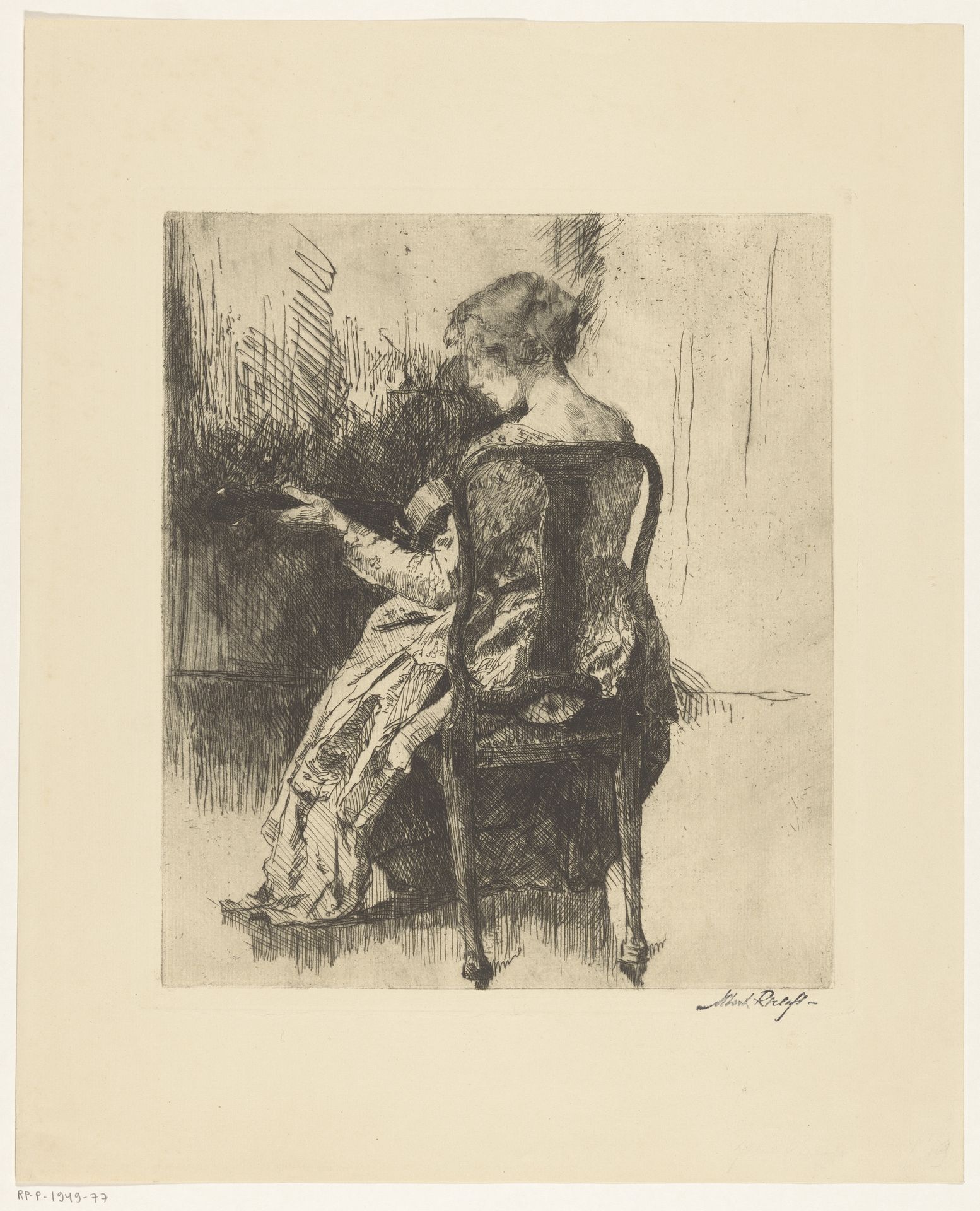 Vrouw die gitaar speelt op een stoel by Albert Roelofs