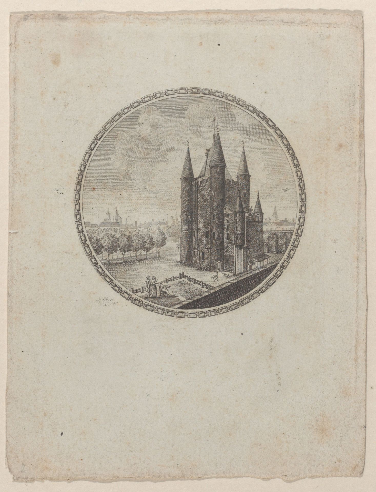Circular view of the Conciergerie with hidden silhouettes of the Royal family in the clouds by Anonymous