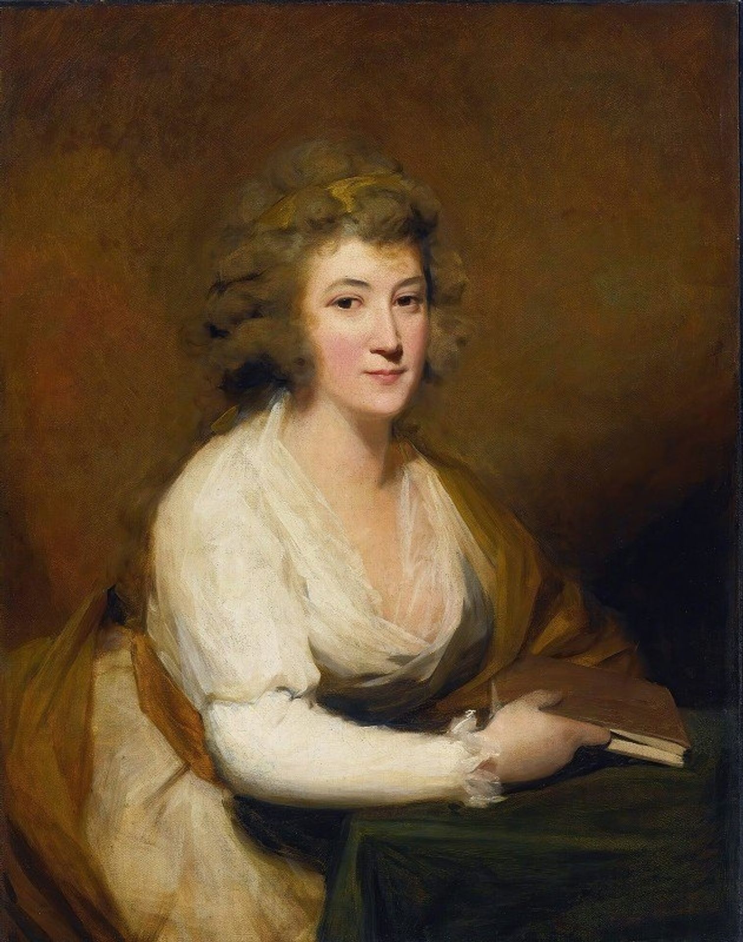 Portrait Of Lady Nasmyth, In A White Dress And Brown Shawl, Seated At A Table, Holding A Book by Henry Raeburn