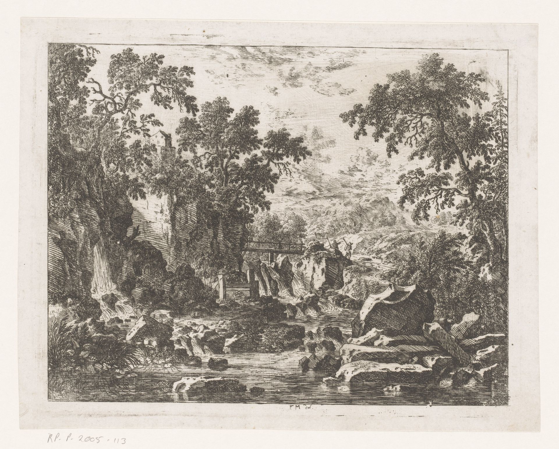 Landschap met rivier met rotsen en een houten brug by Felix Meyer