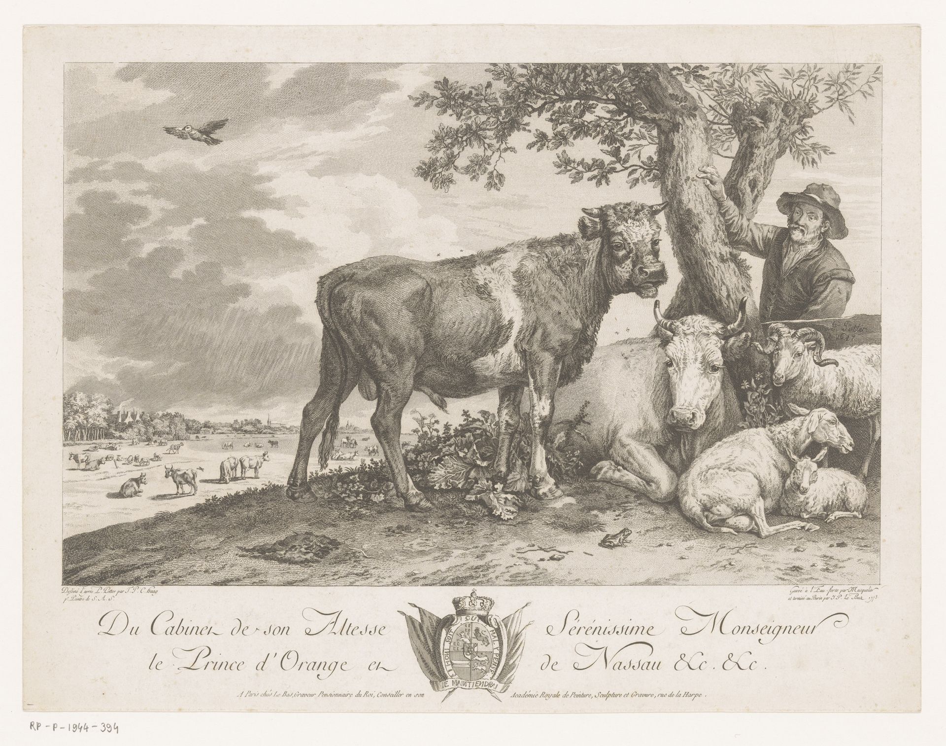 Stier met boer en kudde in een landschap by Louis Joseph Masquelier