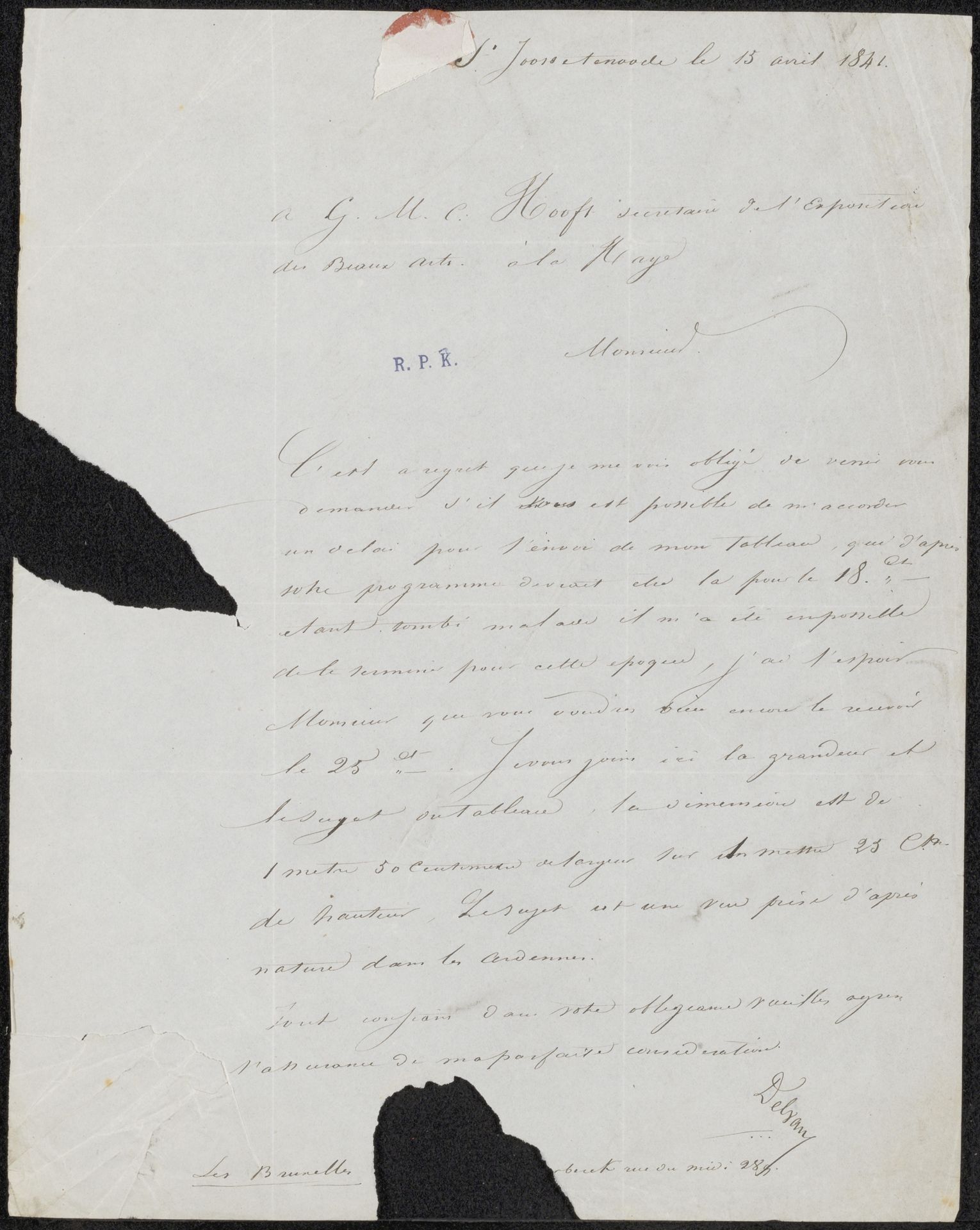 Brief aan G.M.C. Hooft, secretaris van de commissie van de Tentoonstelling van Levende Meesters in Den Haag by Edouard Delvaux