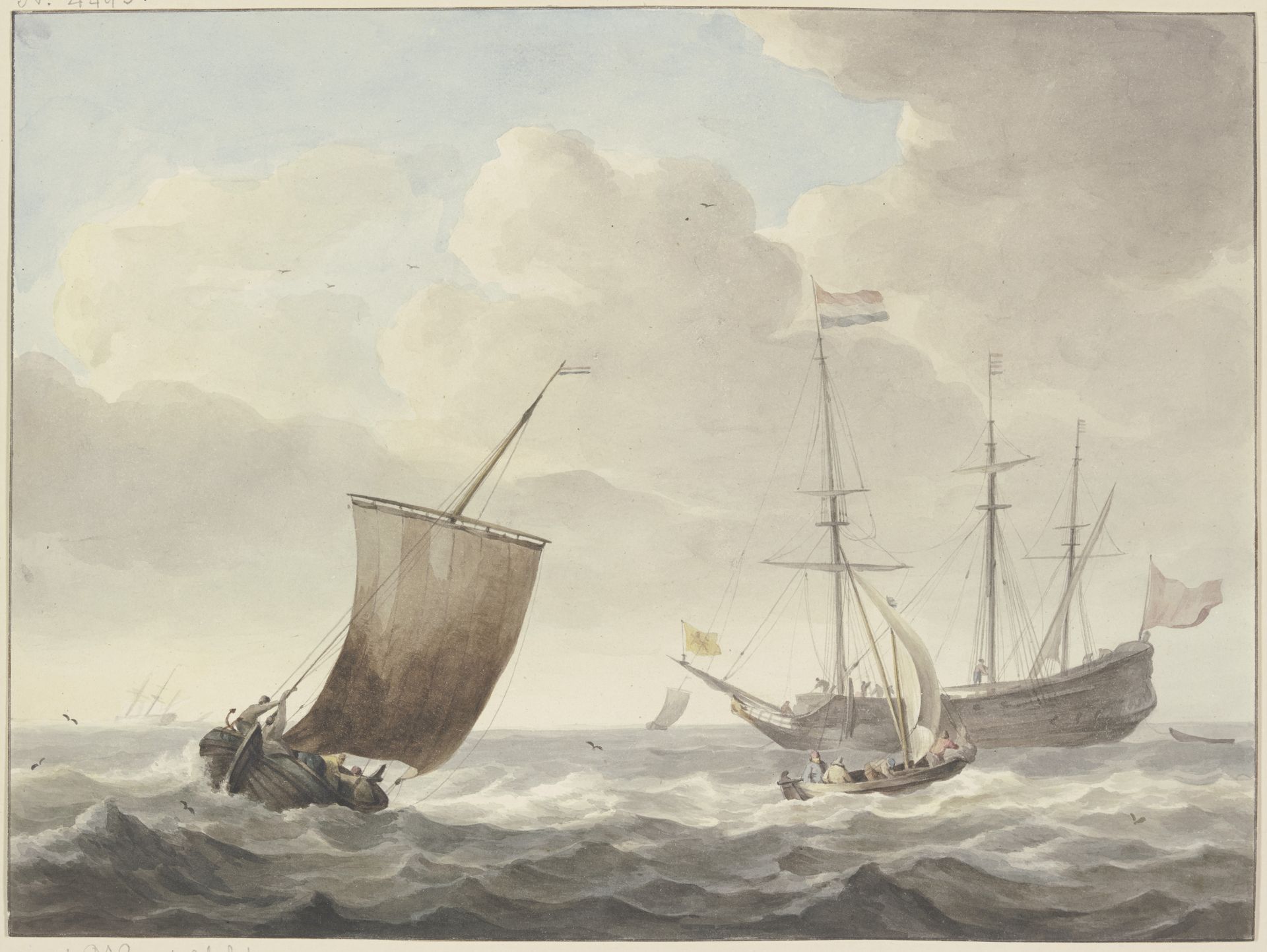 Bewegte See mit Schiffen, gelbe Flagge mit goldenem Löwen by Martinus Schouman