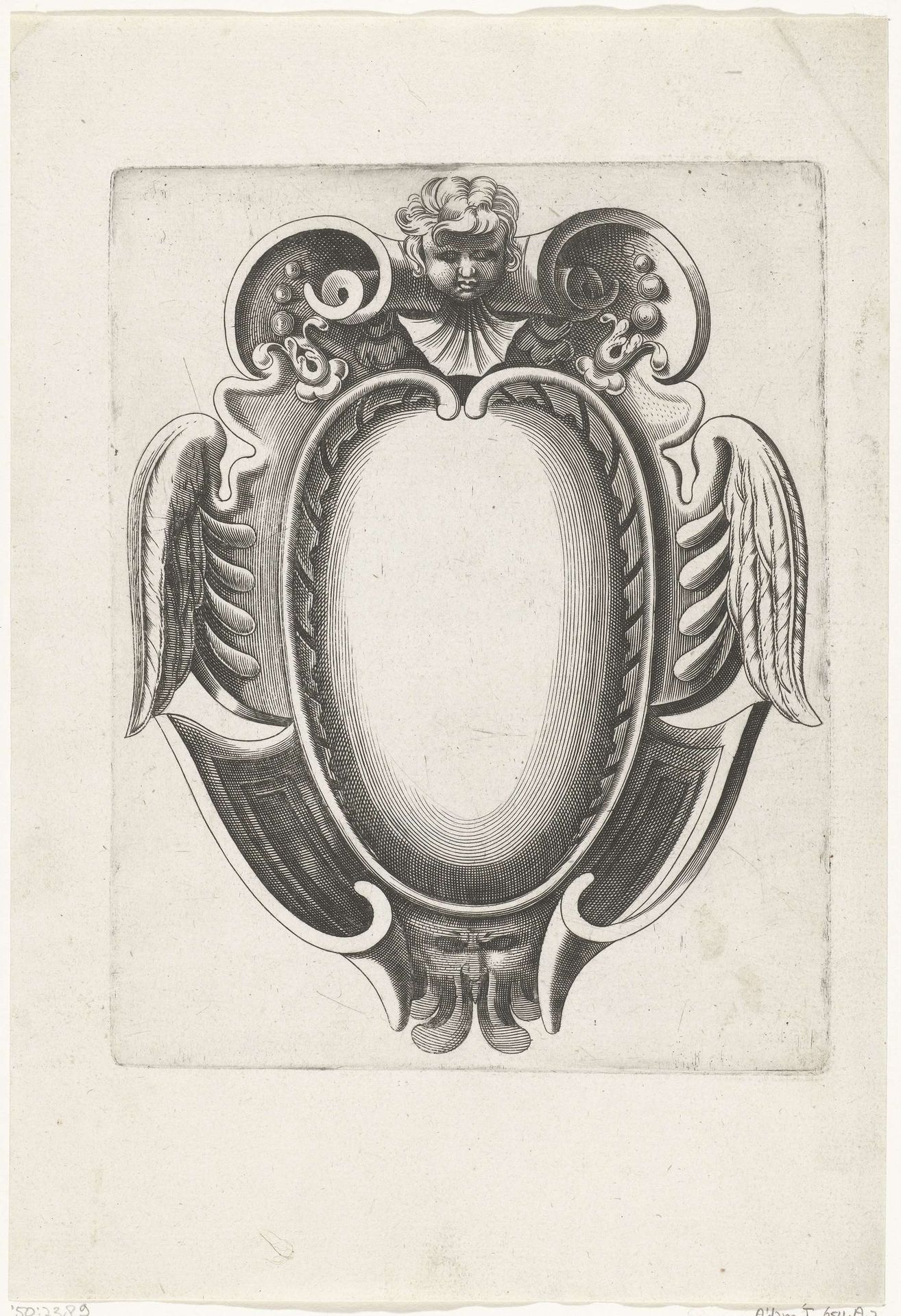 Cartouche met kinderhoofdje bovenaan by H. Picart