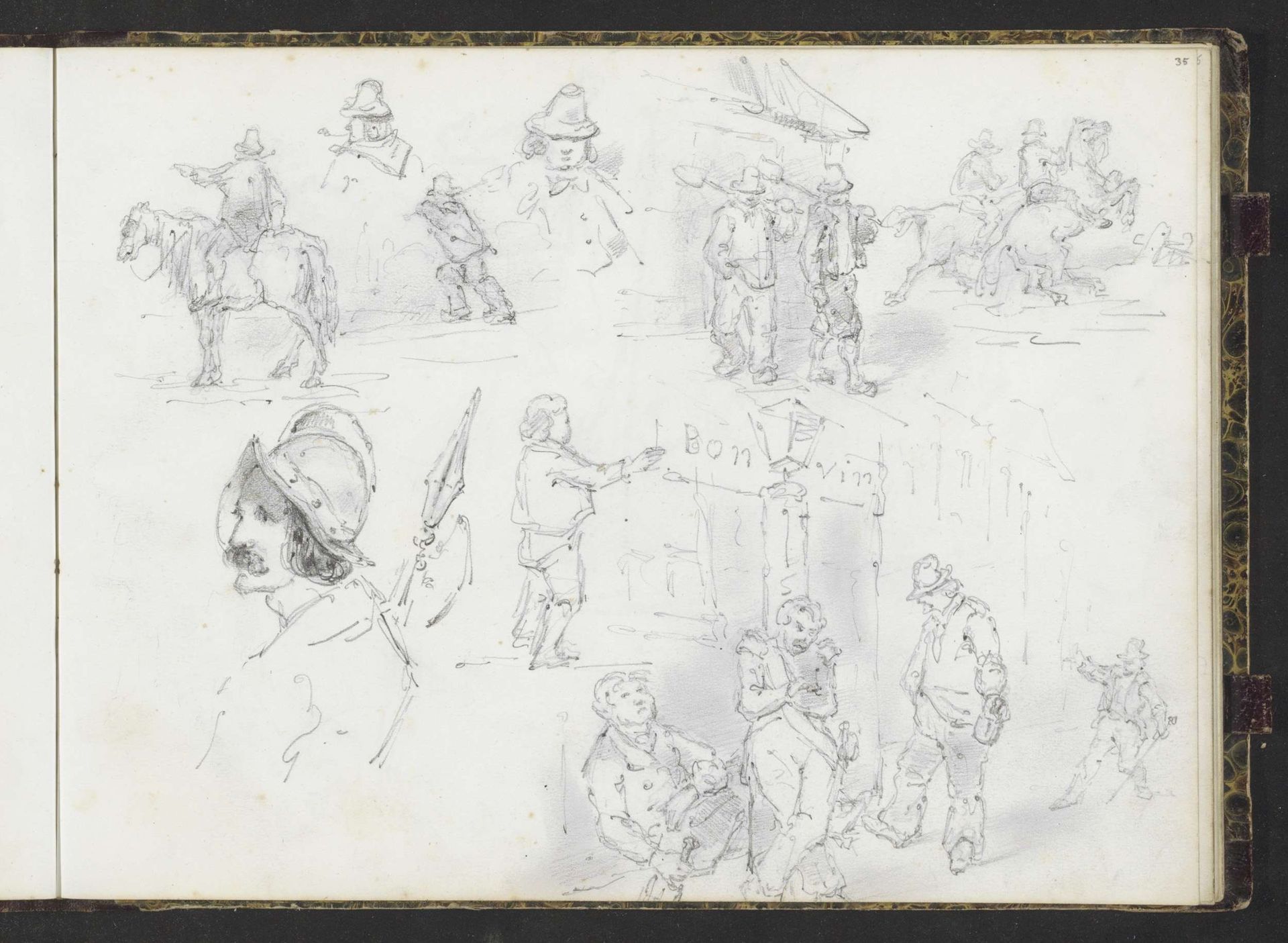 Studieblad met mannen voor een café, een ruiter en soldaat by Lambertus Lingeman