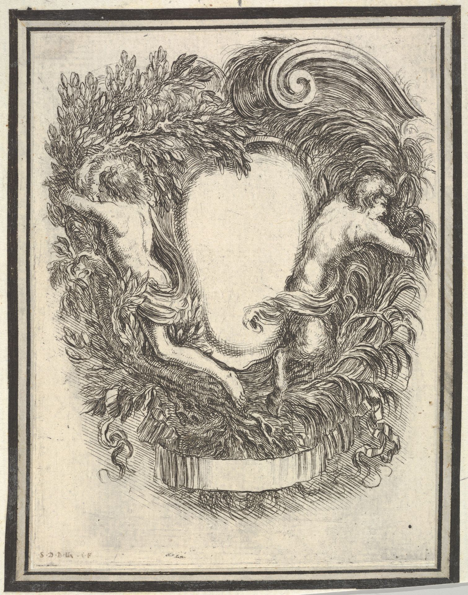 Plate 5: a cartouche flanked by Apollo and Pan, from 'Nouvelles inventions de Cartouches' by Stefano della Bella