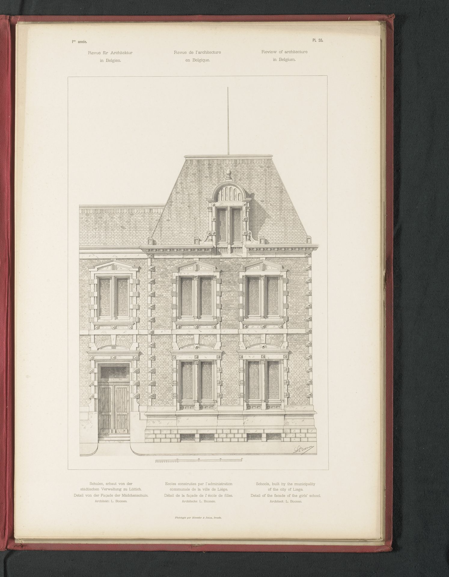 Reproductie van een ontwerp van een vooraanzicht van een meisjesschool, door Louis Boonen by Römmler & Jonas