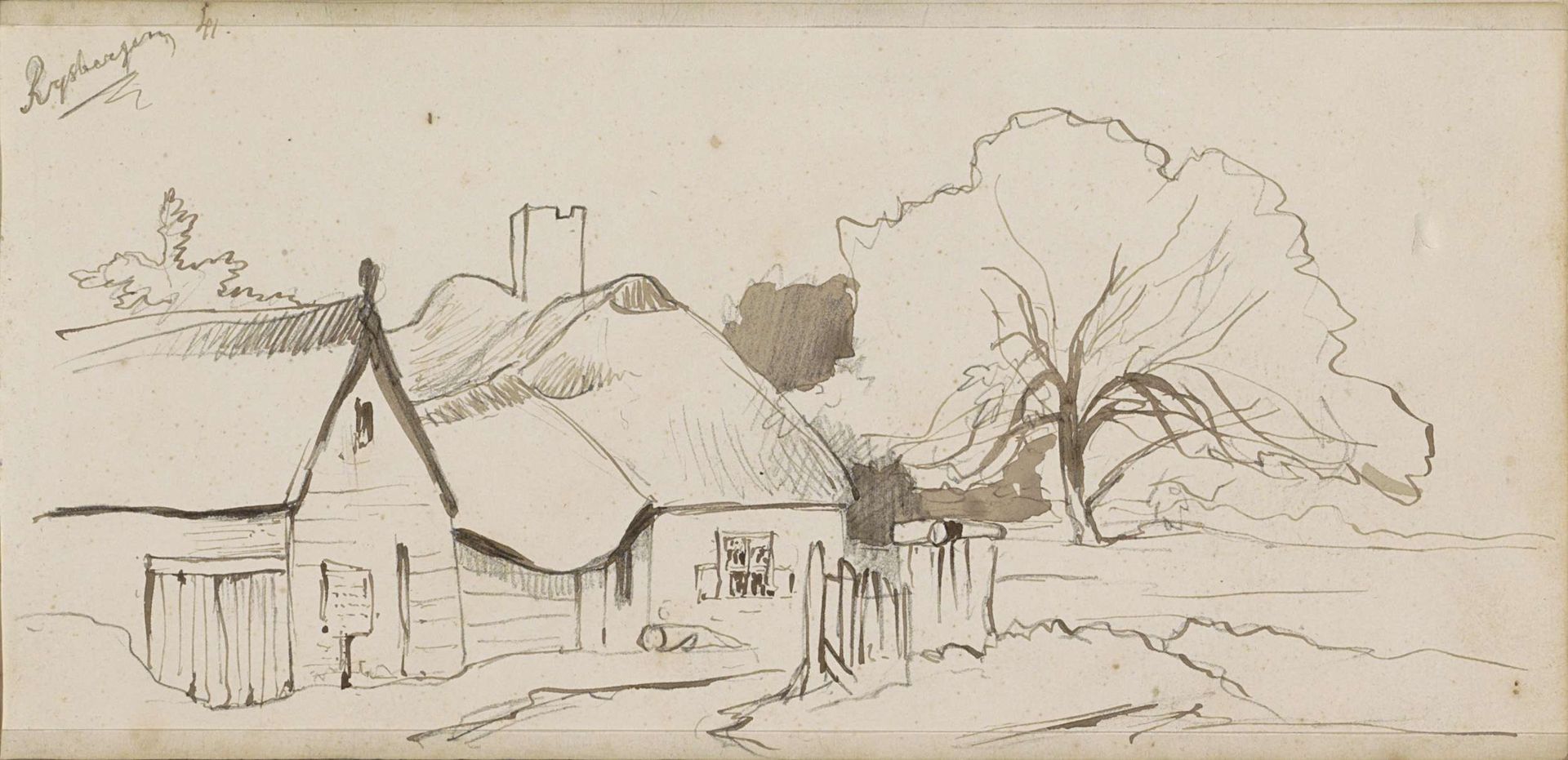 Landschap met een boerderij met rieten kap in Rijsbergen by Johannes Tavenraat