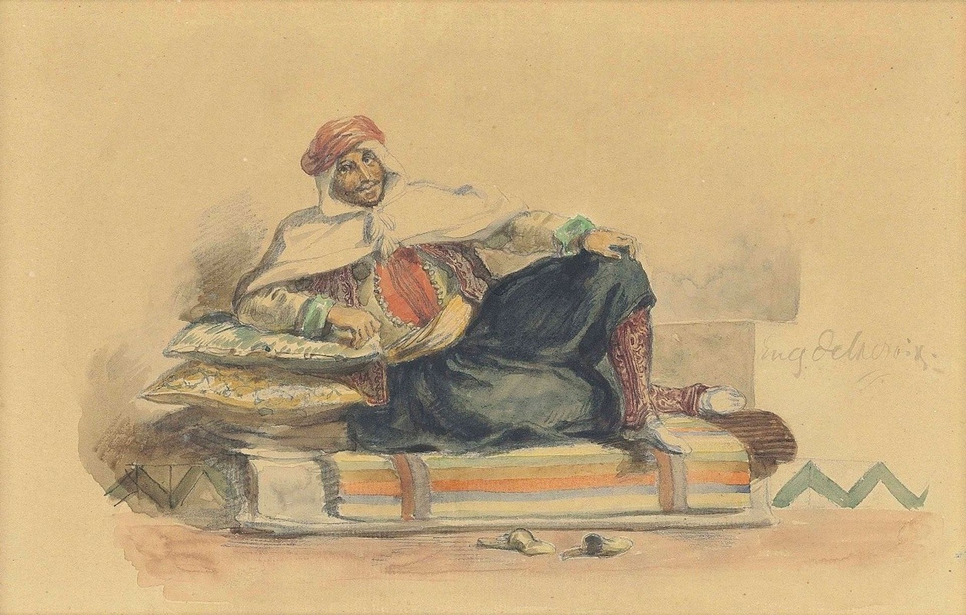 A Berber seated on a low couch by Eugène Delacroix