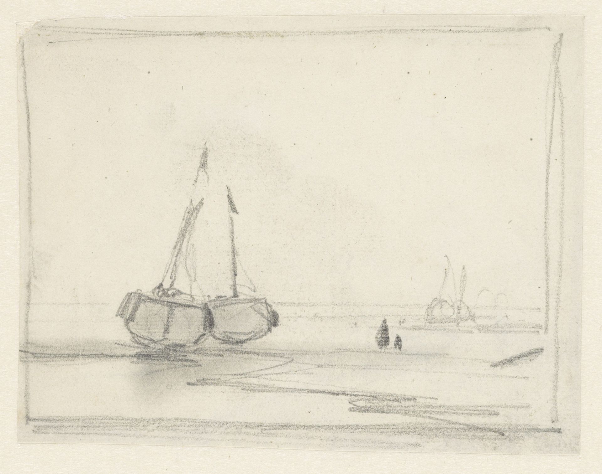 Schets van vissersschepen op het strand by Andreas Schelfhout