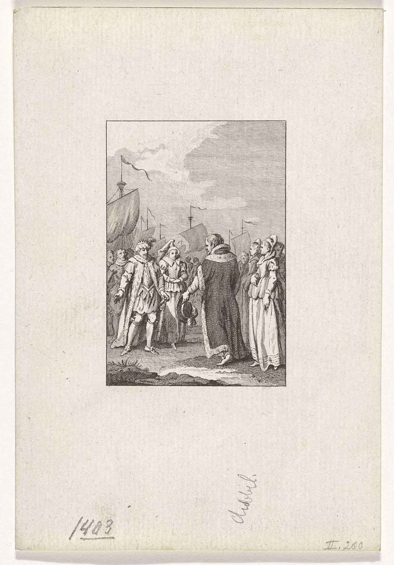 Hertog Albrecht van Beieren ontvangt koning Hendrik IV met zijn dochter Blanka te Dordrecht, 1403 by Reinier Vinkeles