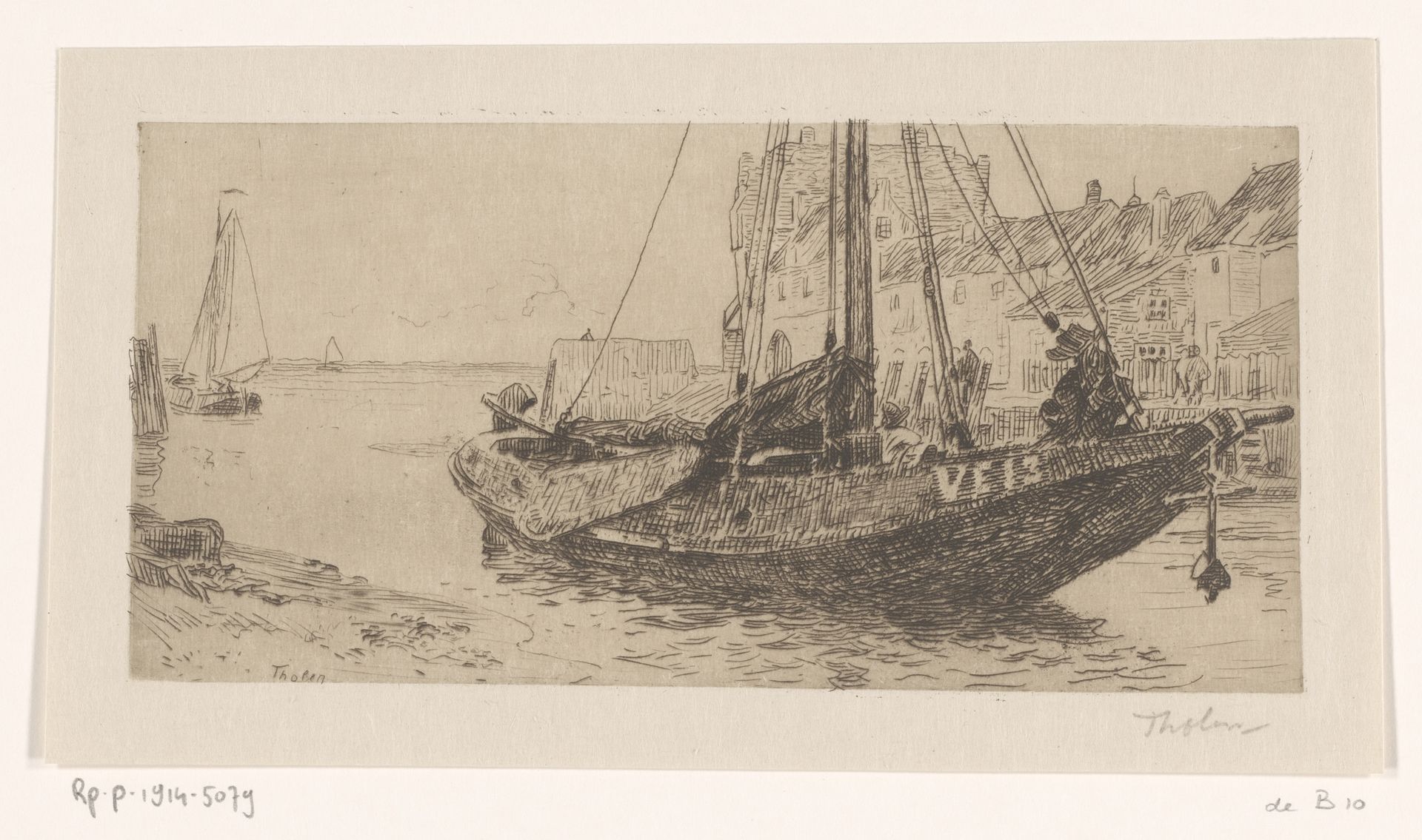 Varend schip in een haven by Willem Bastiaan Tholen