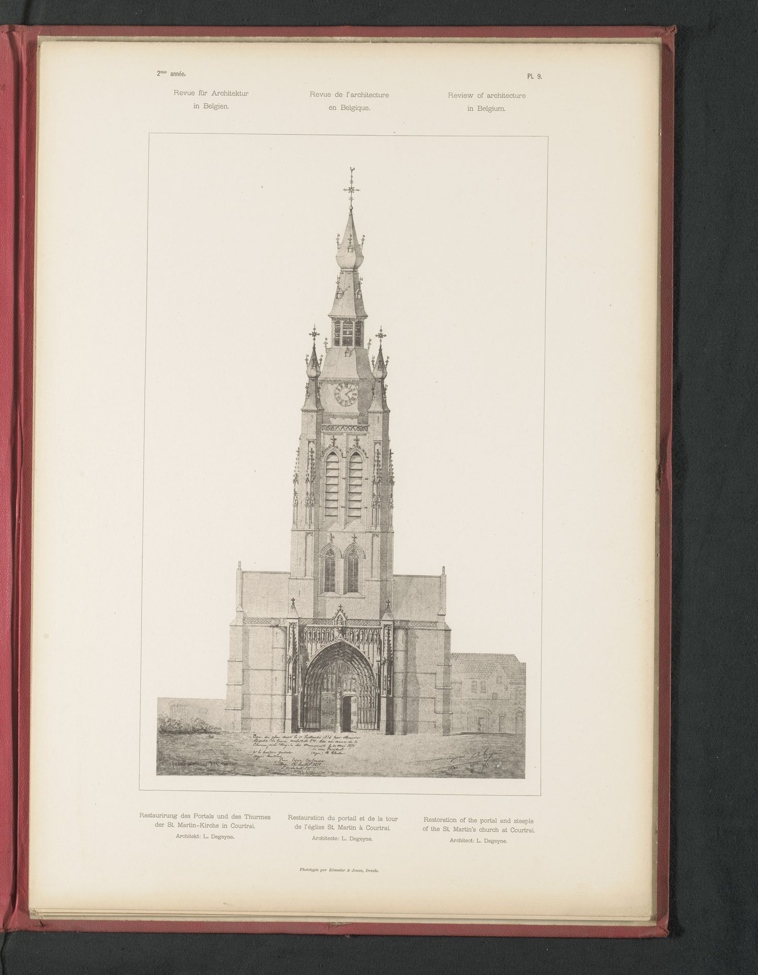Reproductie van een ontwerp voor de restauratie van de poort en toren van de Sint-Maartenskerk in Kortrijk, door L. Degeyne by Römmler & Jonas