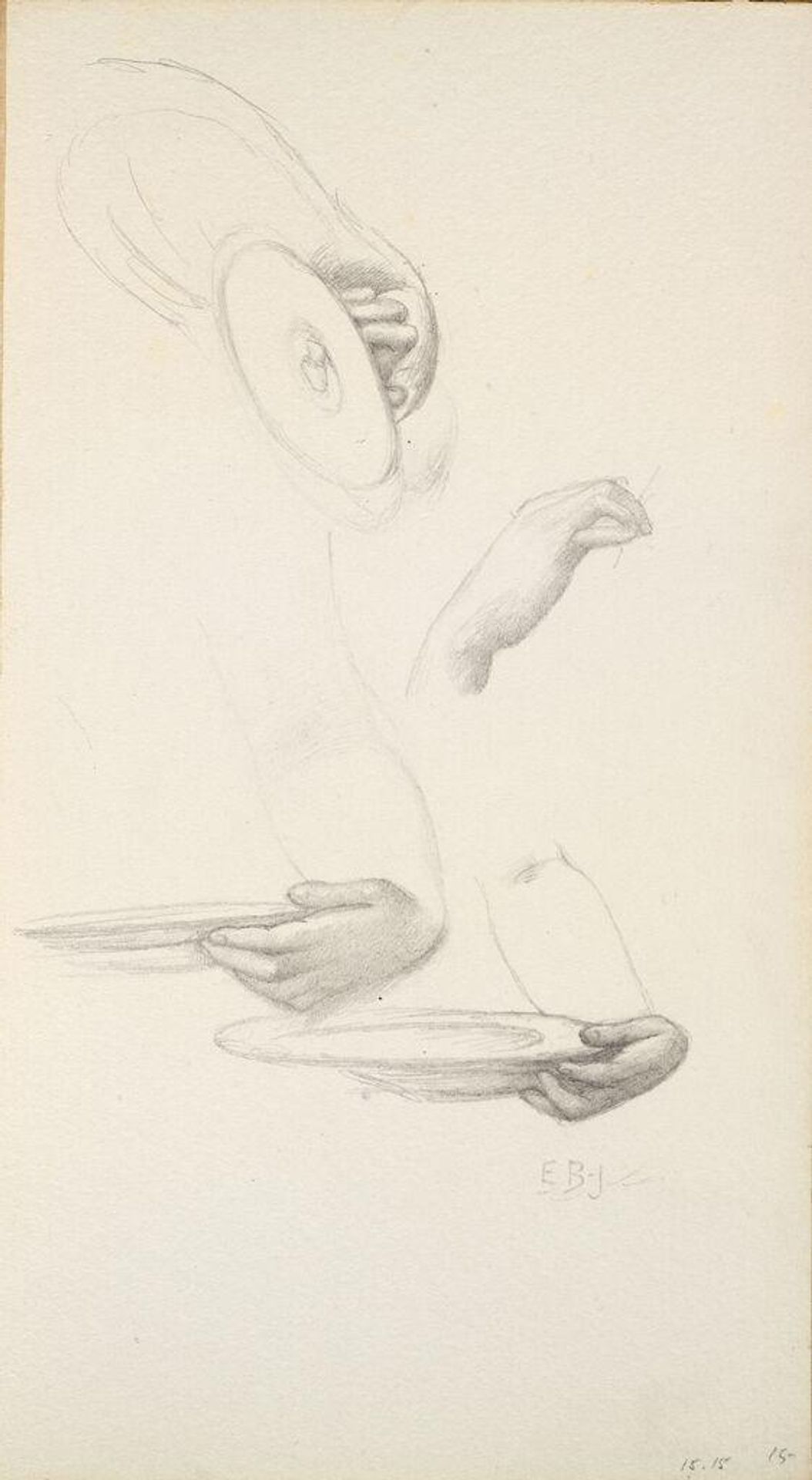Studies of Hands Holding a Dish and Cymbal, for "The Hours"; verso: Drapery Study by Edward Burne-Jones