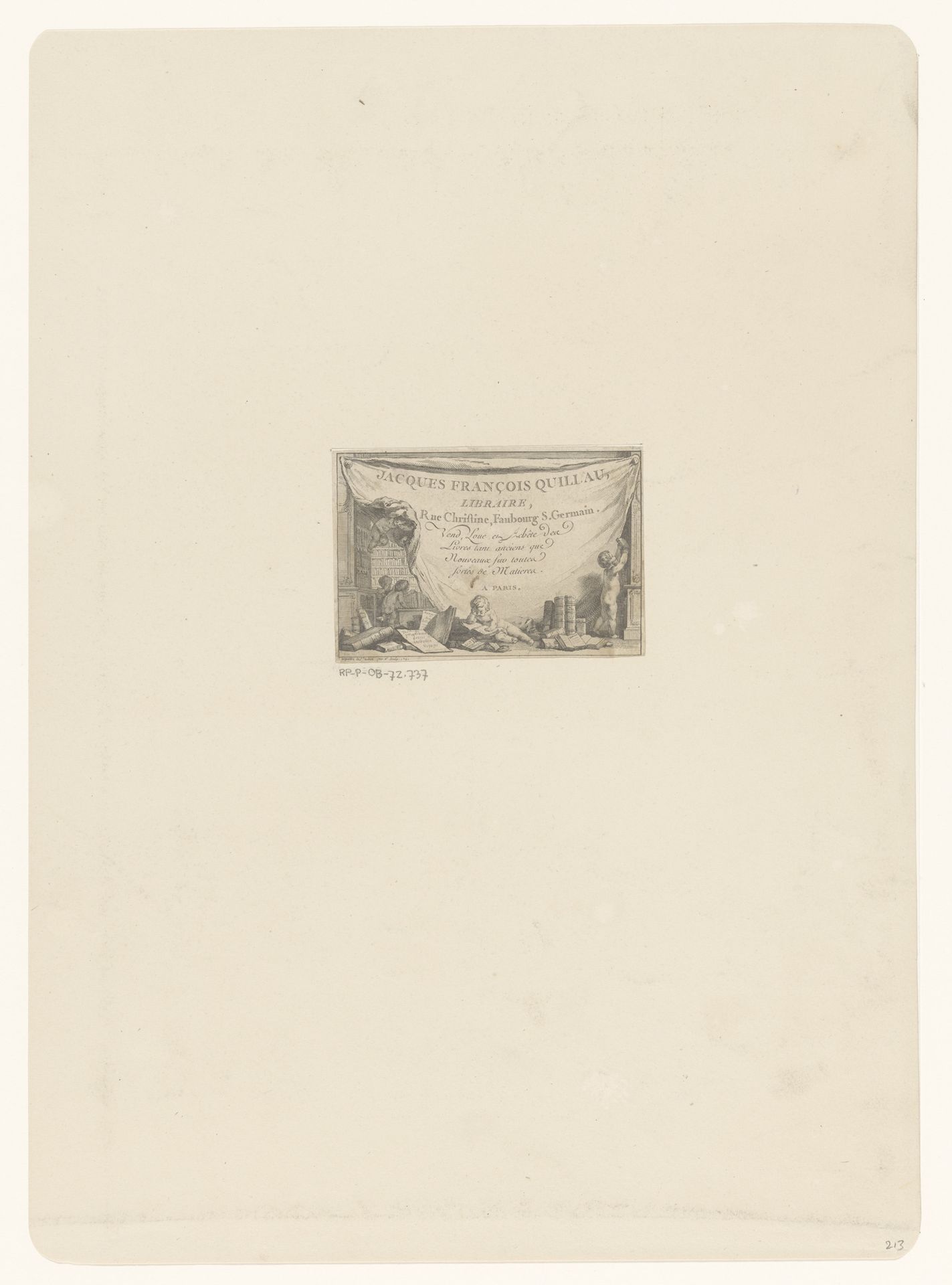 Visitekaartje van boekhandelaar Jacques François Quillau by Augustin de Saint-Aubin