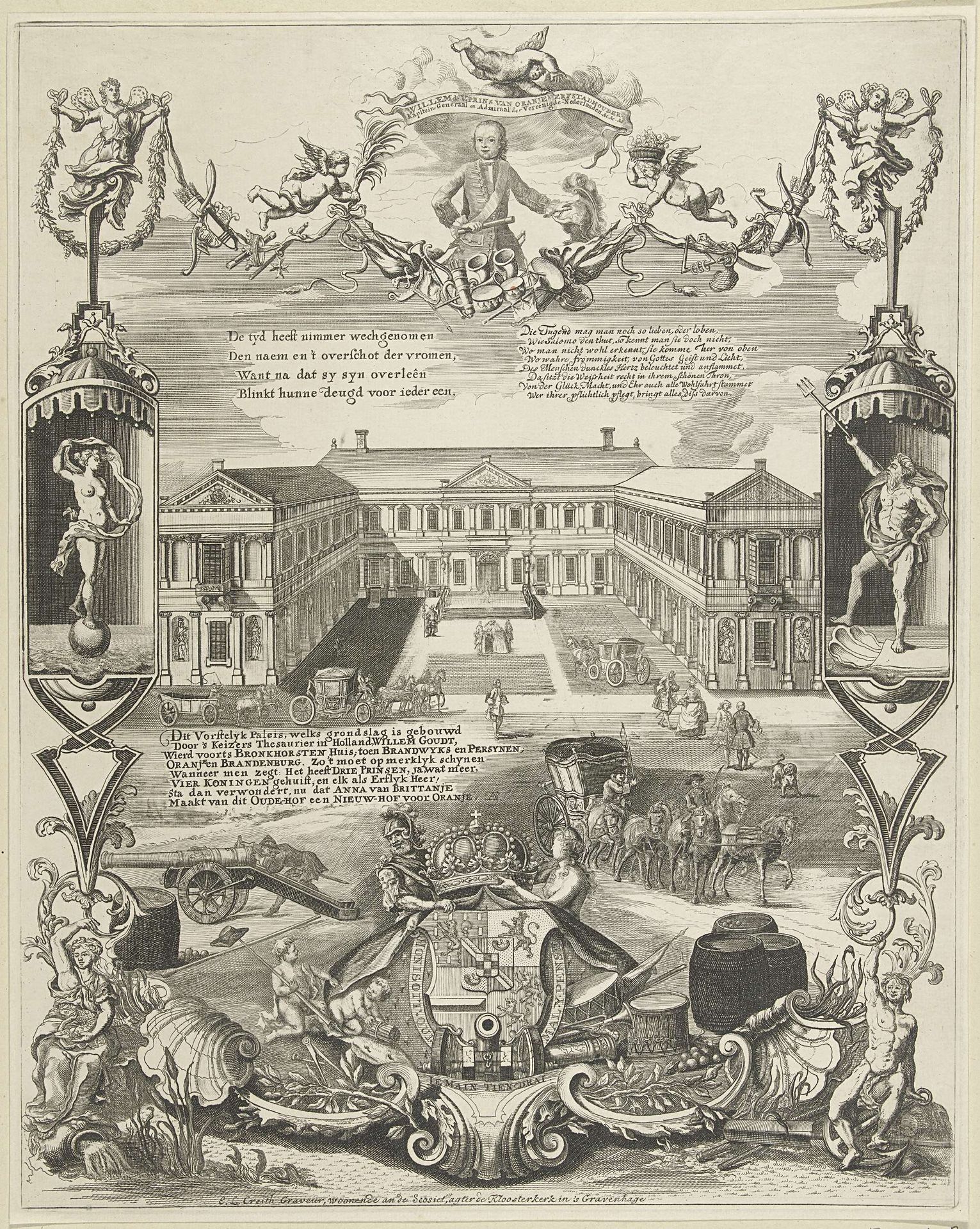 Het Oude Hof in De Haag en portret van Willem V, ca. 1754-1755 by Ernst Ludwig Creite