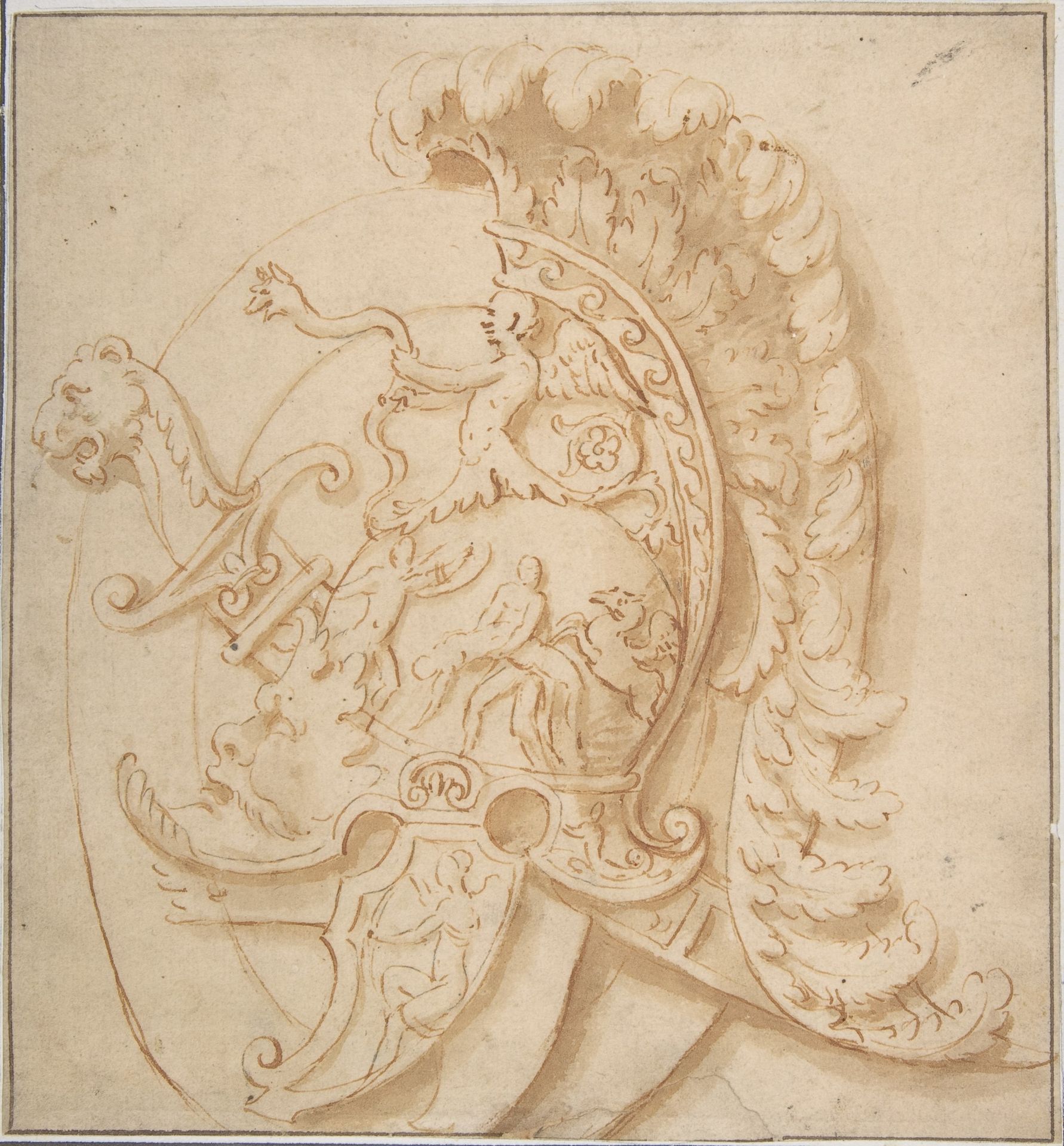 Design for a Trophy with Sword and a Plumed Helmet Decorated with Grotesques Masks, Classical Motifs. by Anonymous