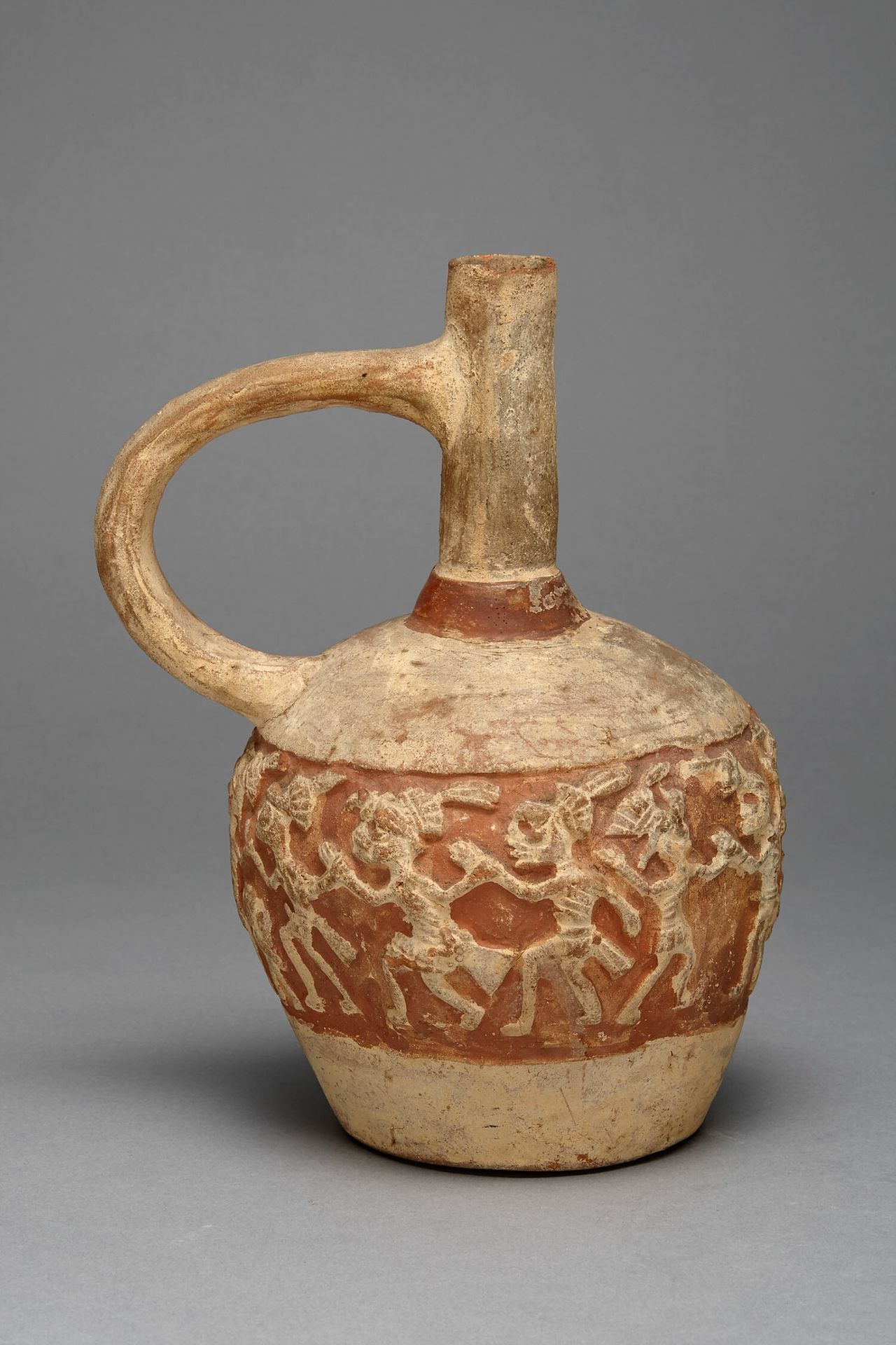 Handeled Jar with a Painted Relief Depicting a Procession of Deceased Figures by Moche