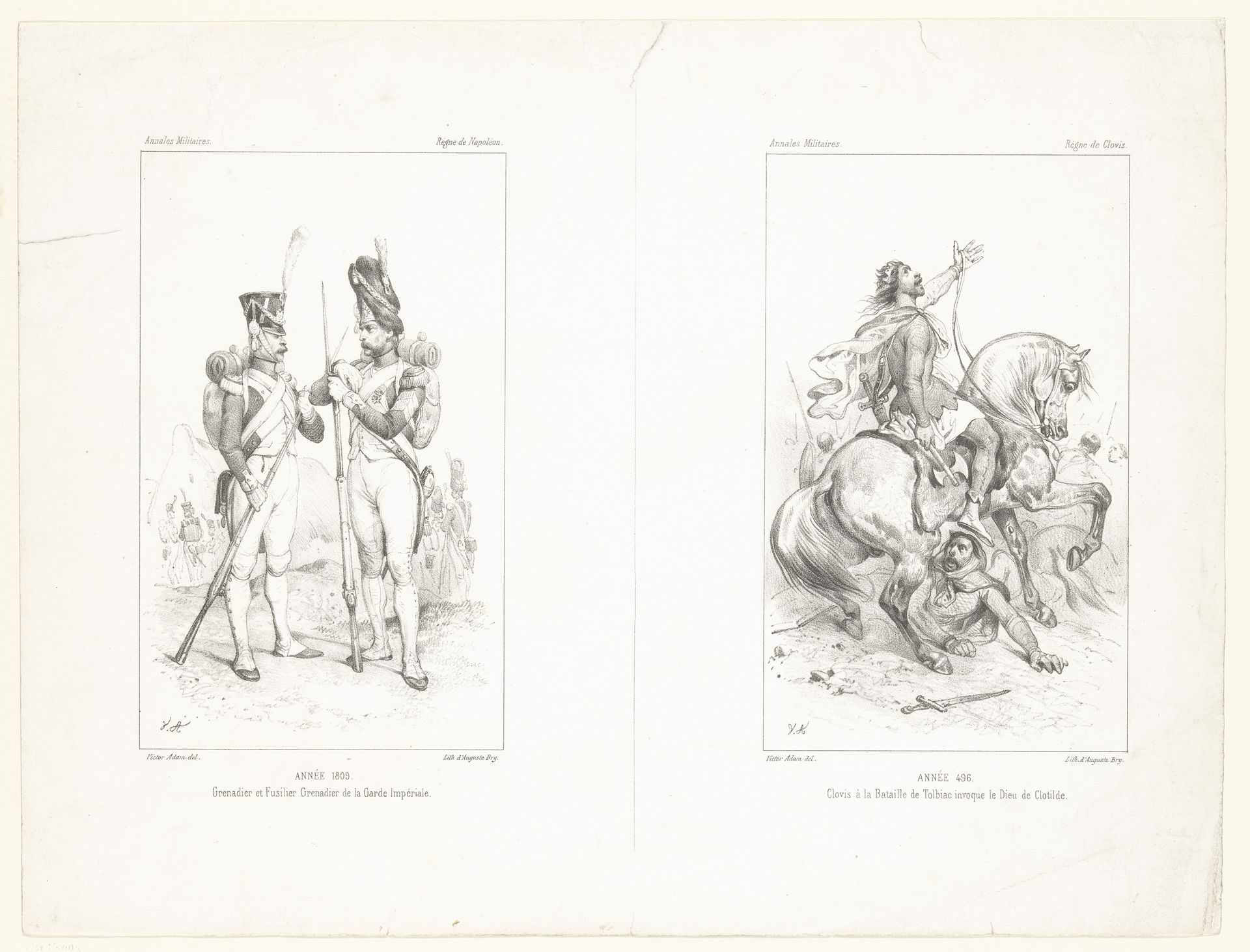 Twee voorstellingen met infanteristen van de Keizerlijke Garde en koning Clovis te paard by Victor Adam
