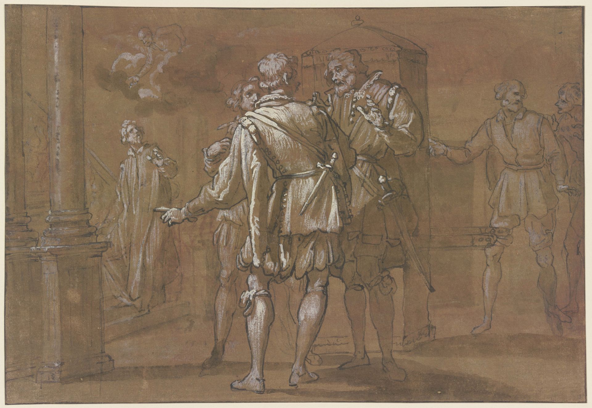 Auf der Treppe eines Palastes wird ein Mann von einem Heiligen aus den Wolken angerufen, vorne eine Sänfte und mehrere Männer von vornehmem Stand by Jacopo Ligozzi