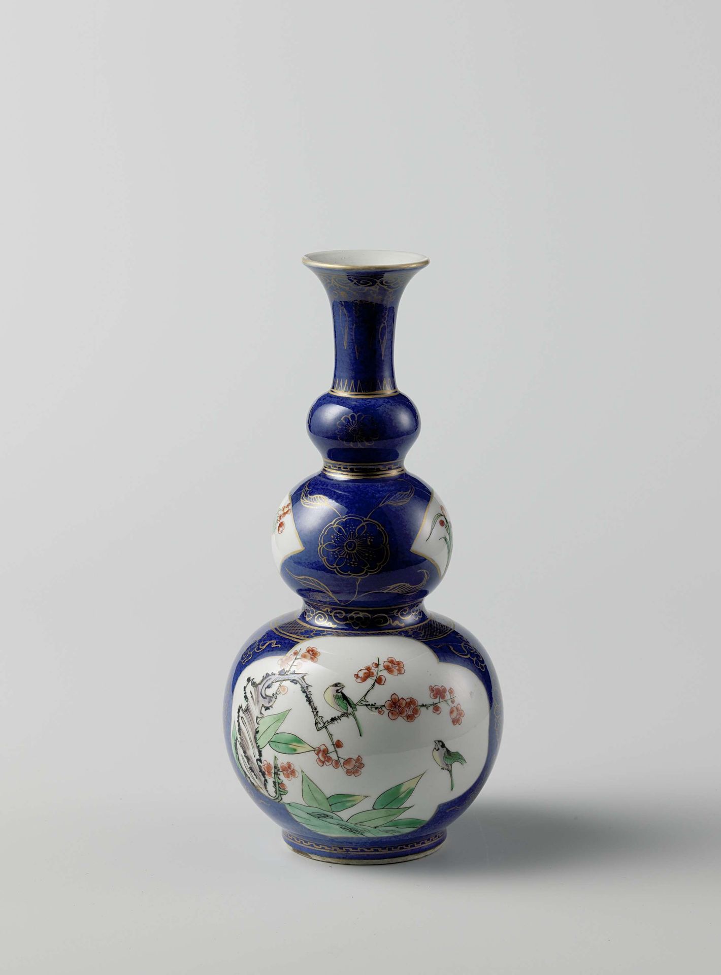 Triple-gourd-shaped bottle vase with powder blue and flower sprays and birds by Anonymous