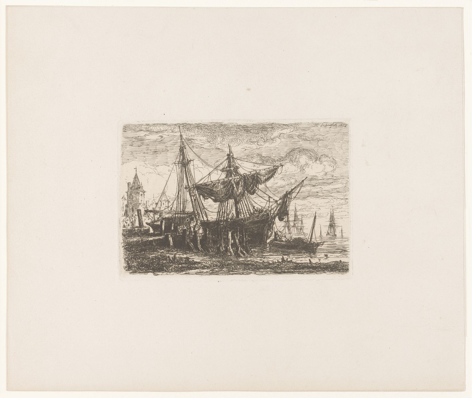 Steiger met half onttakeld schip en een sloep by Henri François Schaefels