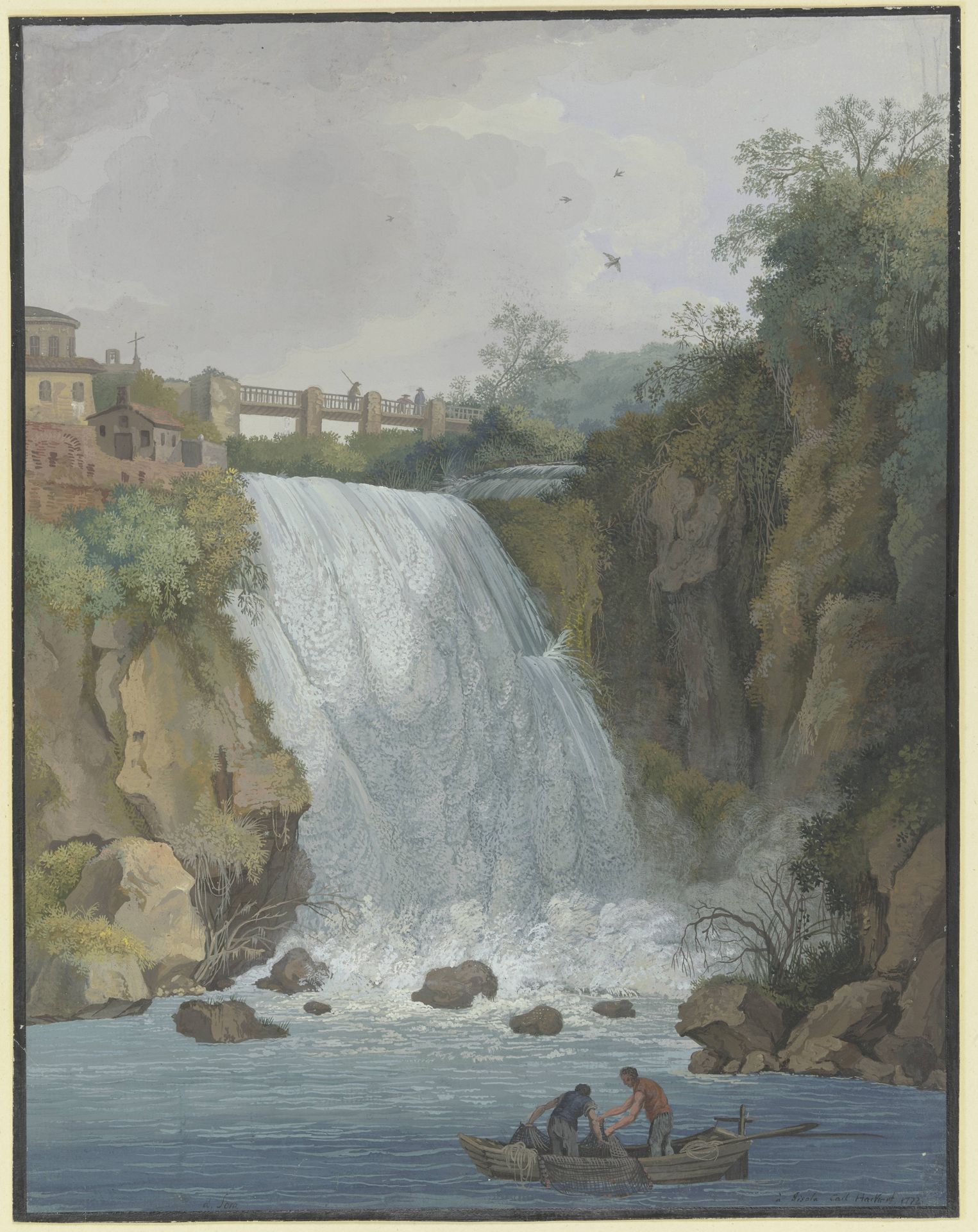 Wasserfall, über den eine Brücke führt, im Vordergrund zwei Fischer in einem Boot by Carl Hackert