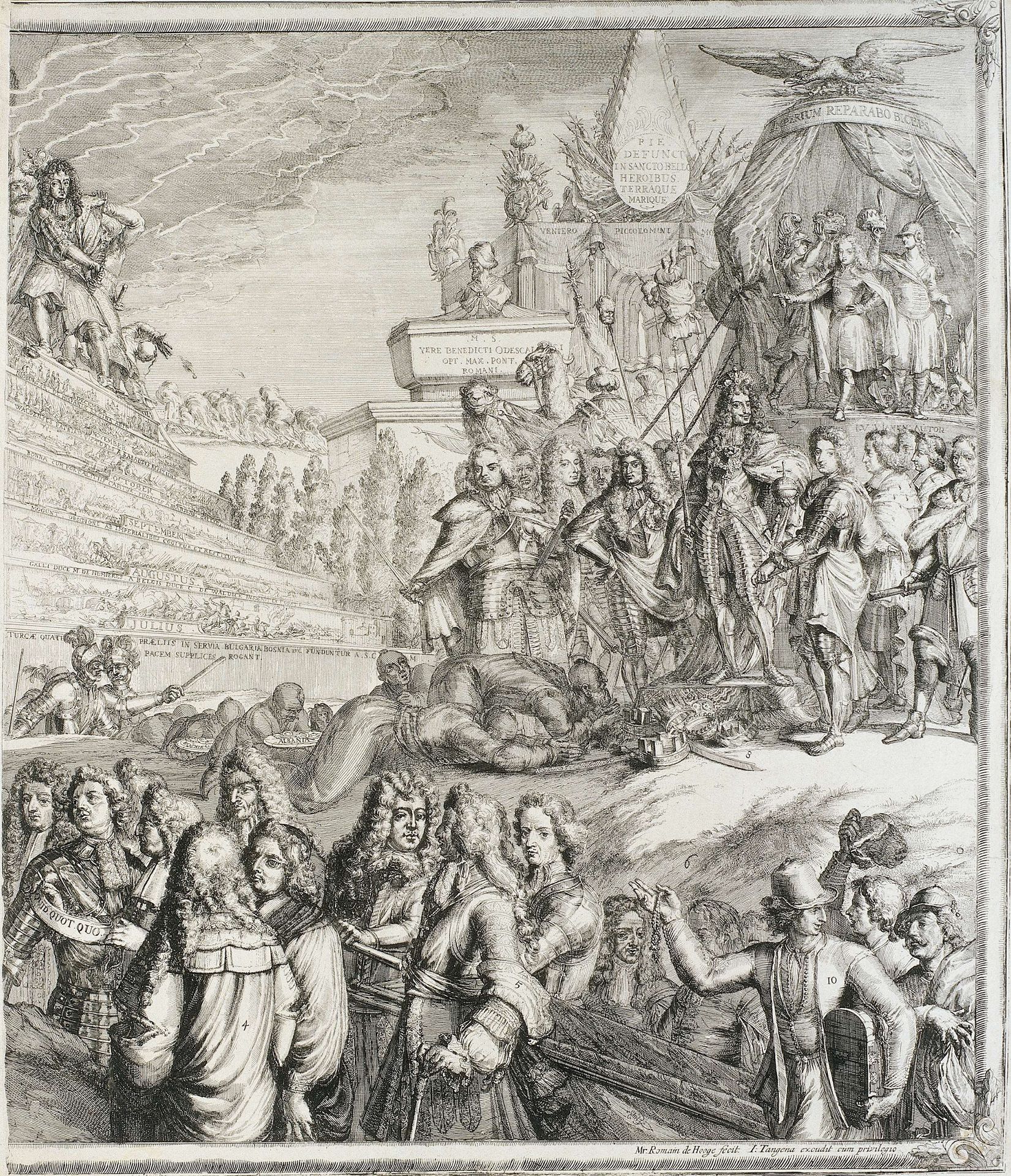 Allegorie op de gebeurtenissen in 1689 met Willem III en Maria op de troon (rechter helft) by Romeyn de Hooghe