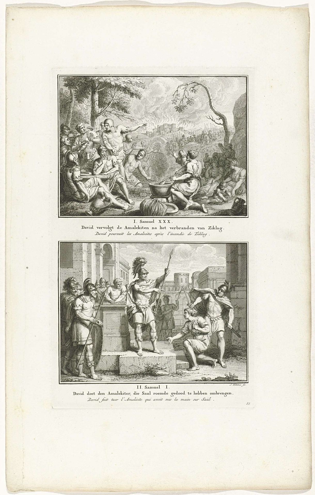 David vervolgt de Amalekieten na het verbranden van Ziklag en David beveelt de Amalekiet te doden die vertelde Saul gedood te hebben by Jacob Folkema