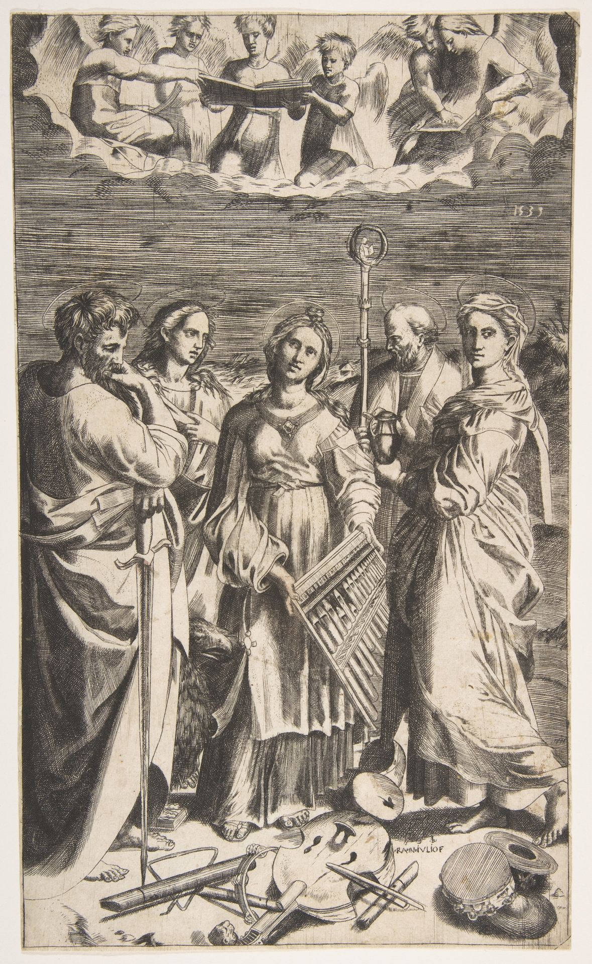 Saint Cecilia standing in the centre accompanied by Saint Paul, the Magdalene, Saint John the Evangelist, and Saint  Augustine by Giulio Bonasone