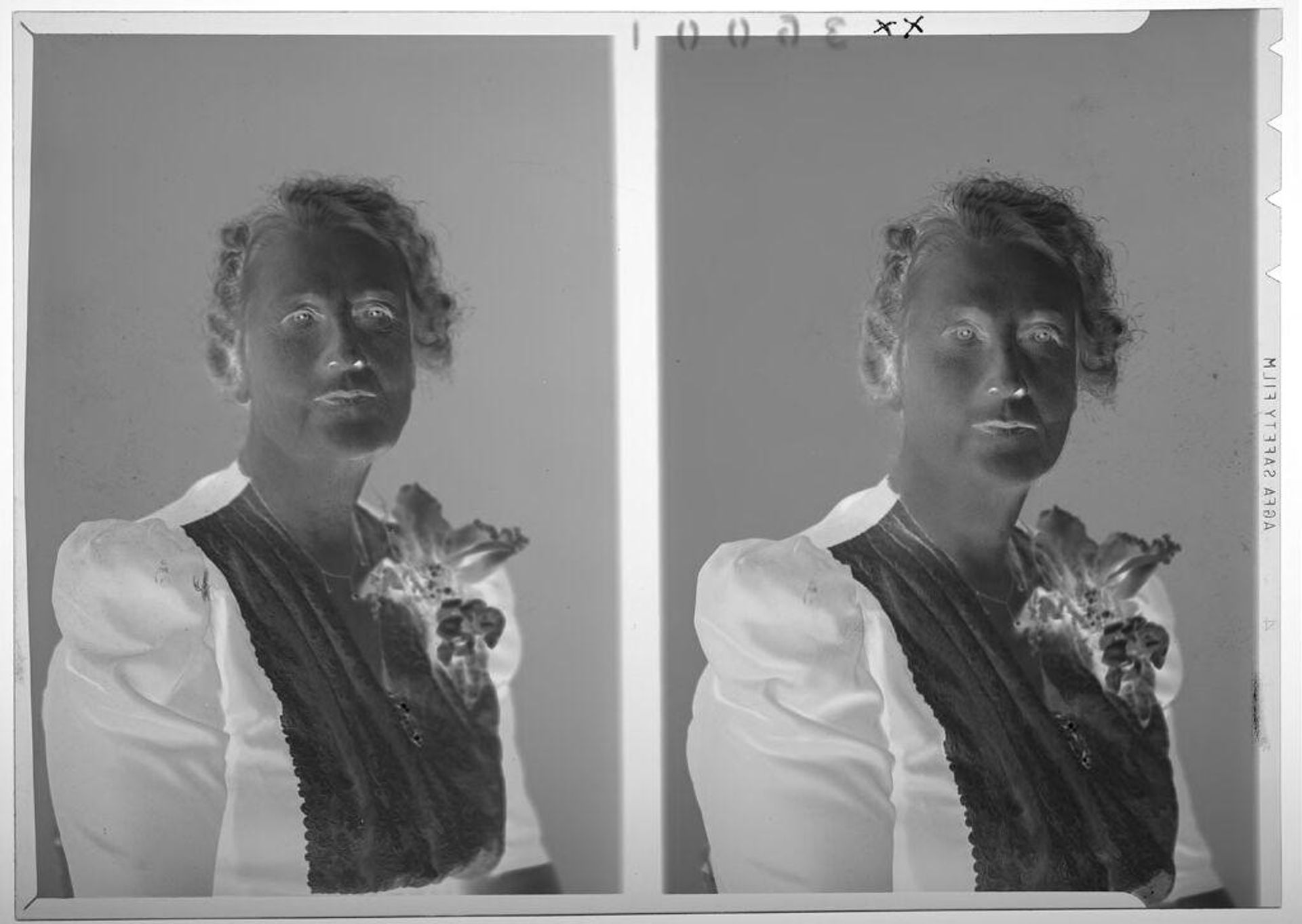 Untitled (double studio portrait of older woman wearing corsage and top with light front) by Martin Schweig