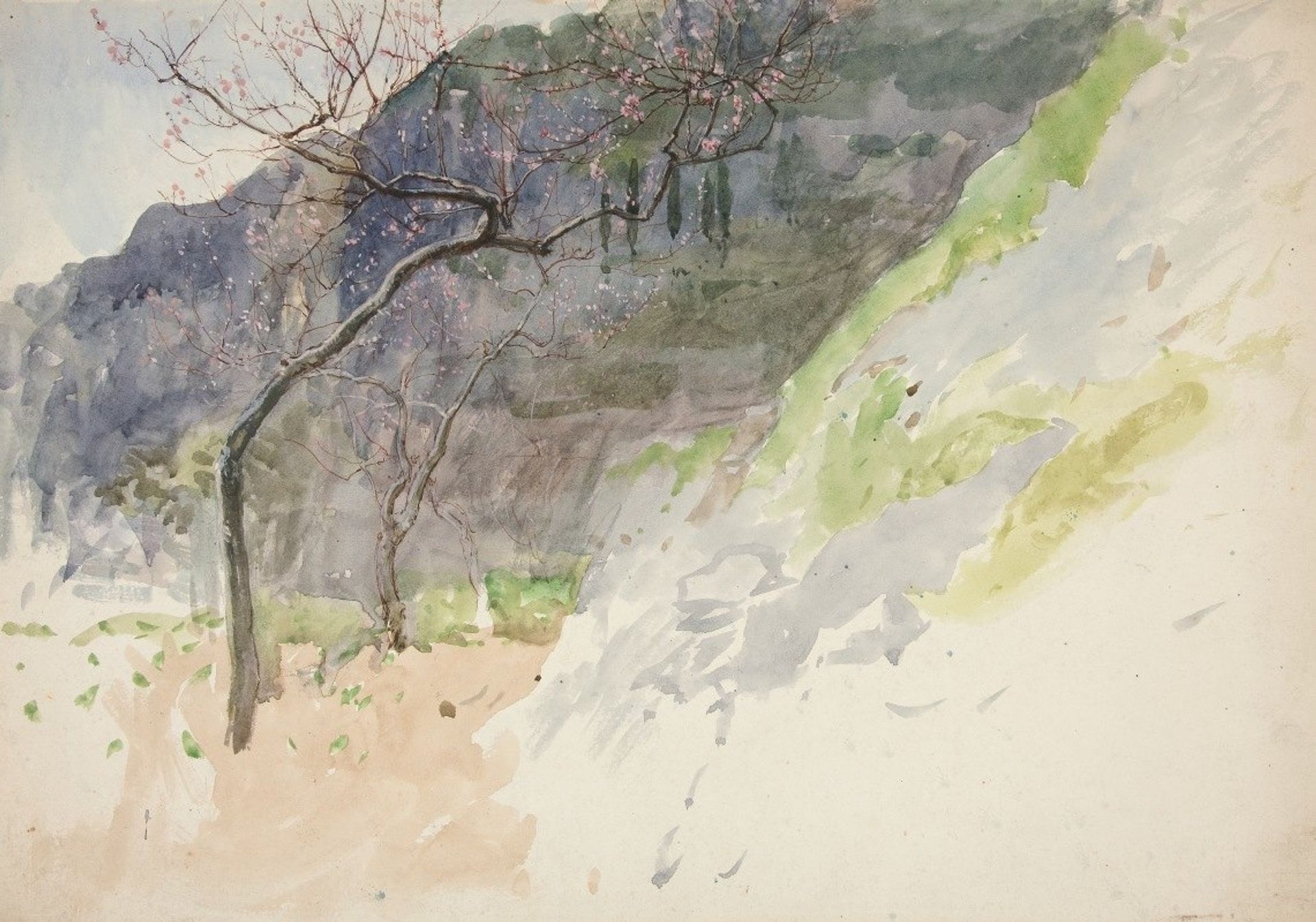 Mountainous landscape with budding trees by Edwin Austin Abbey