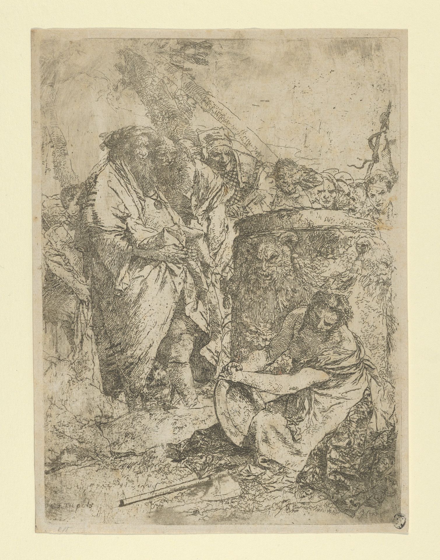 Woman kneeling in front of Magicians and other Figures, from the Scherzi by Giovanni Battista Tiepolo