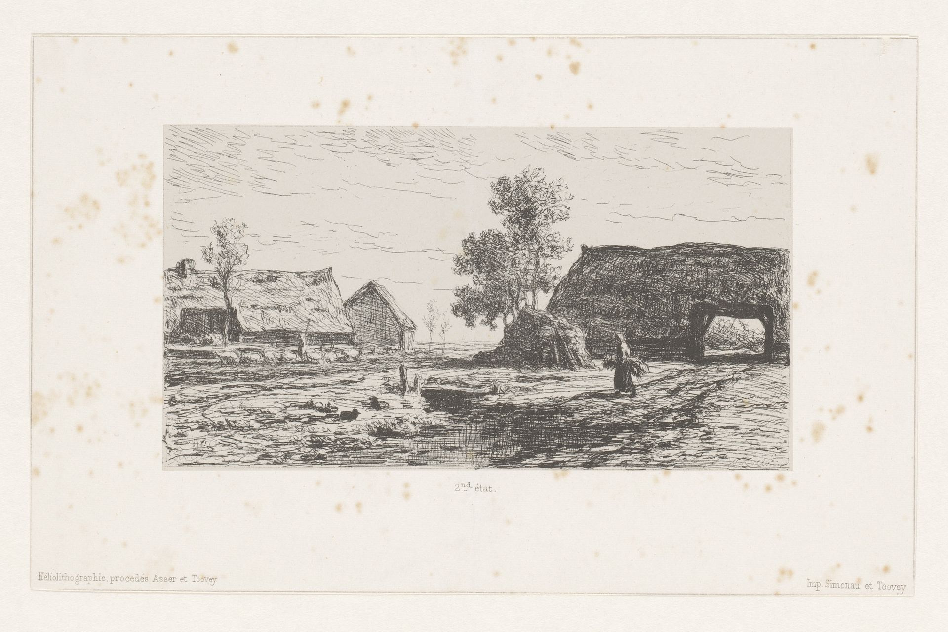 Vrouw in landschap met boerderij en schuur by Willem Roelofs