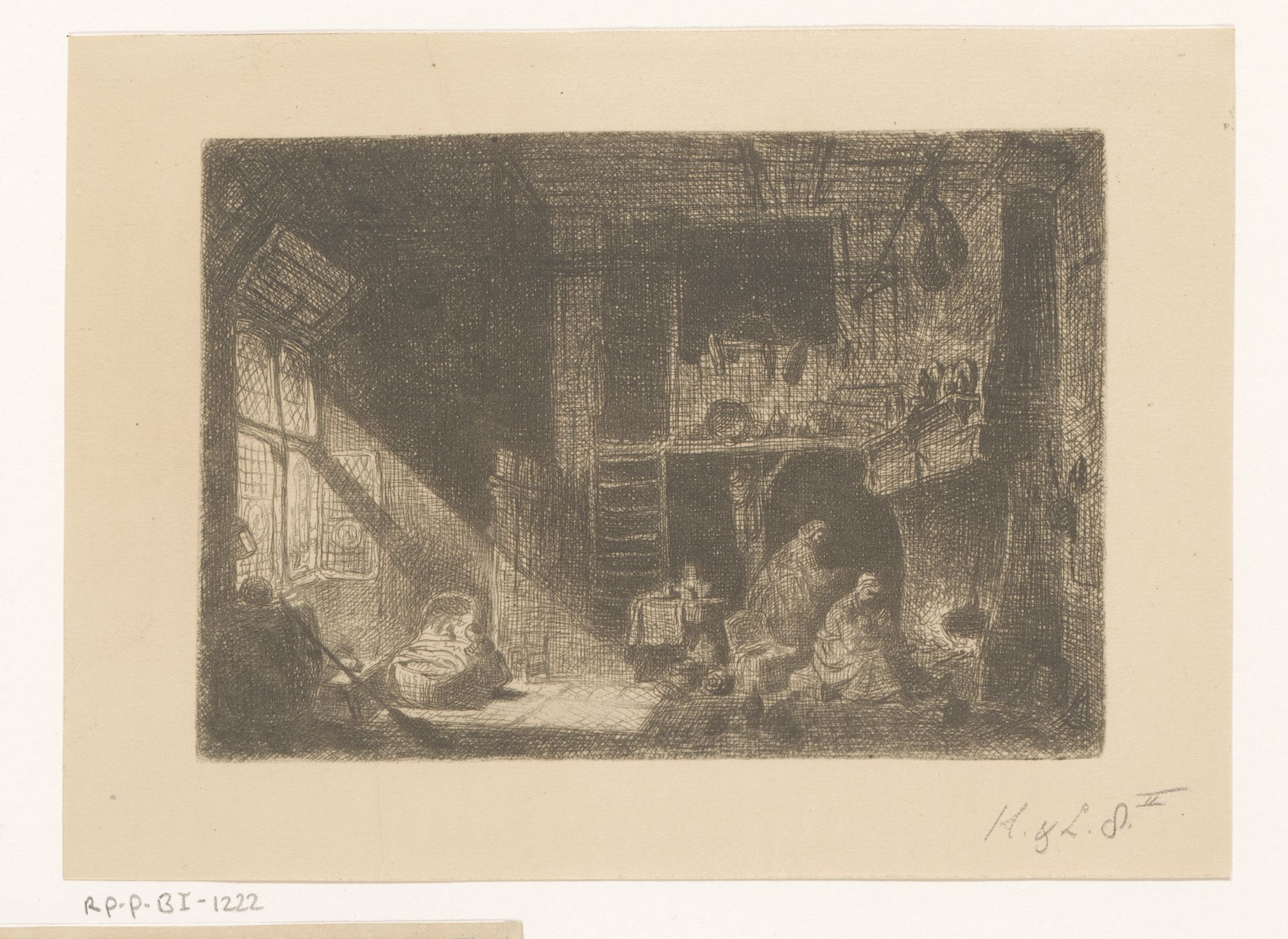 Interieur met kinderen en vrouwen voor de haard by Eugène François de Block