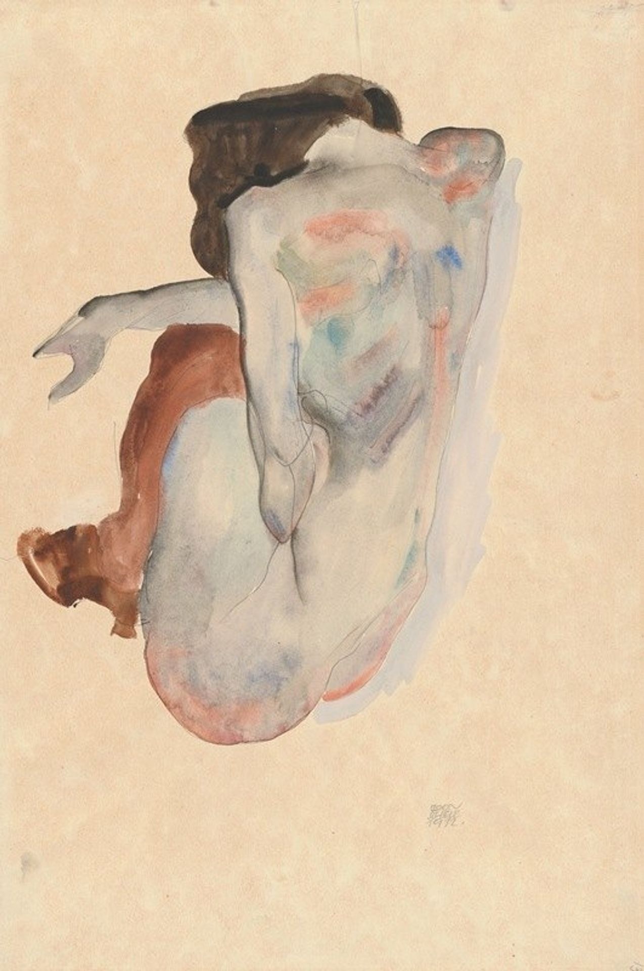 Crouching Nude in Shoes and Black Stockings, Back View by Egon Schiele